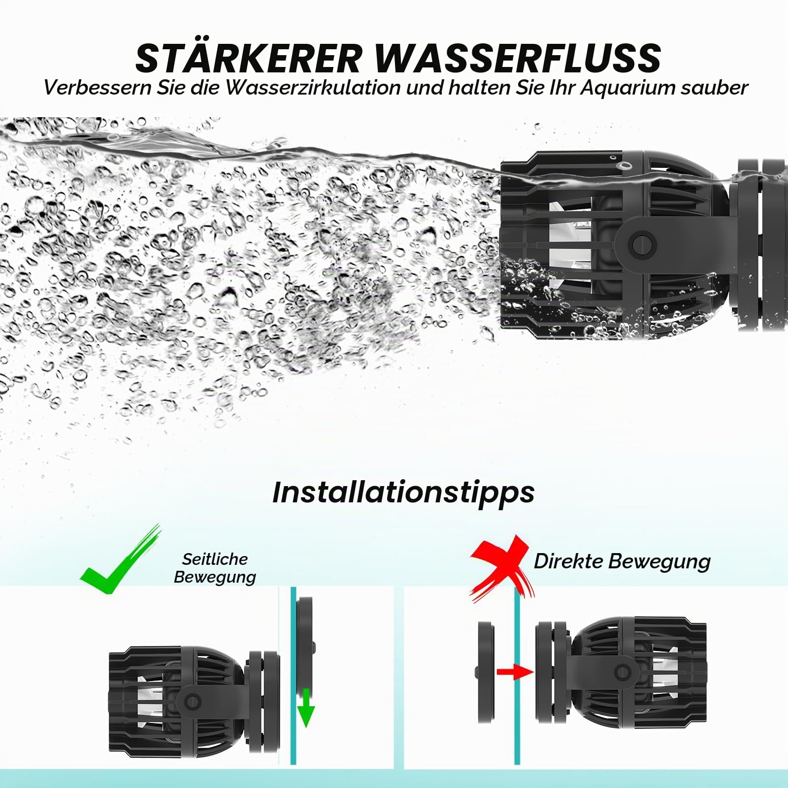 AQQA Strömungspumpe Aquarium, DC 23W 8000 L/h Powerhead, 6 Wellenmodi & Einstellbarer Durchfluss, Leise Aquarium Strömungspumpe mit Starker Magnetischer Basis für 350-1000L Tank