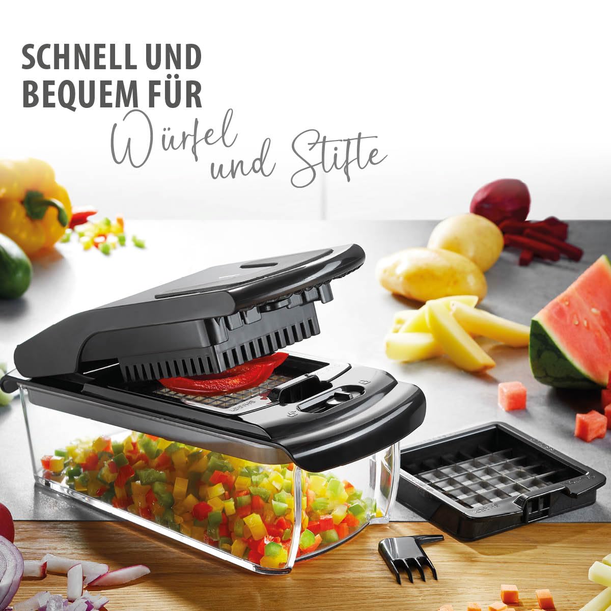 GEFU Würfel- und Stifteschneider TREPPO - Multi Küchenschneider für Obst und Gemüse, Zwiebeln, Pommes Frites, Käse, Salat