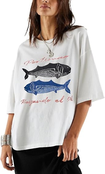 Oversized Graphic Tee for Women Teens Y2K Ocean Floral Fish Baggy Tshirt