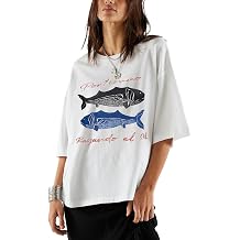 Oversized Graphic Tee for Women Teens Y2K Ocean Floral Fish Baggy Tshirt