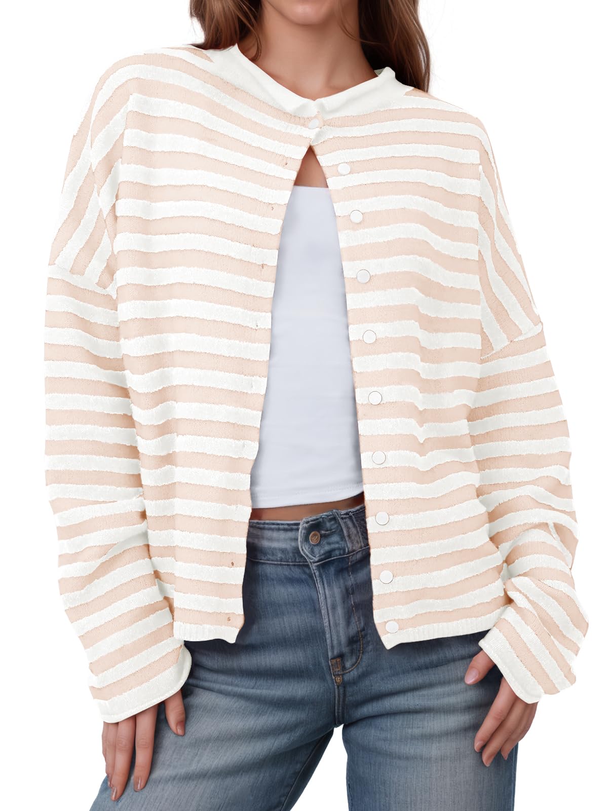 Womens Striped Cardigan Casual Long Sleeve Open Front Button Down Loose Knit Lightweight Fall Sweaters-image-7