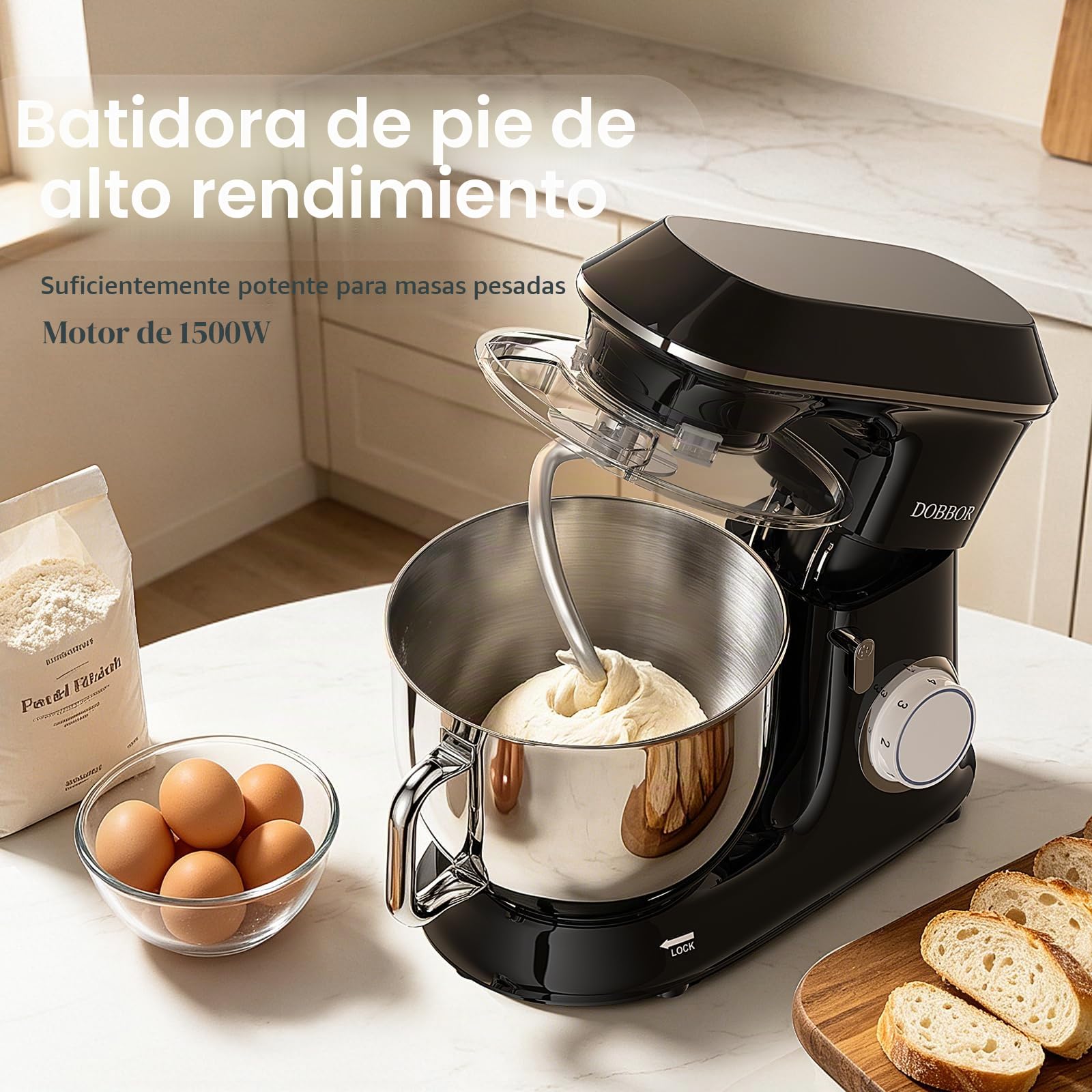 9.5L Batidora Amasadora, DOBBOR 1500W Profesional Movimiento Orbital Robot de Cocina Amasador 5 Funciones (Amasar, Batir, Mezclar, Montar, Emulsionar), 7 Velocidades, Bol de Acero Inoxidable