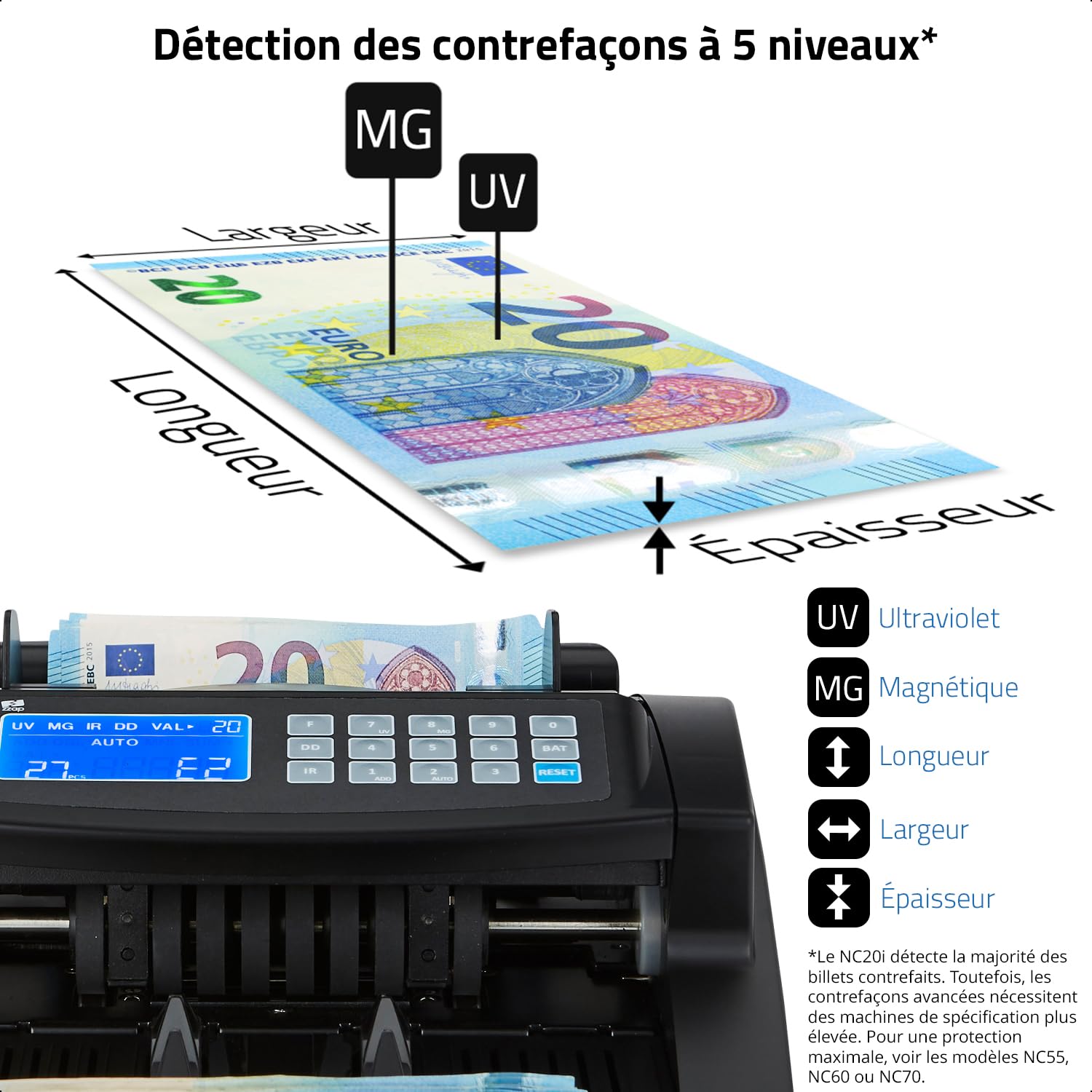 ZZap NC20i Compteuse de Billets & Détecteur de Contrefaçons - Compte 1000 billets par minute, compte par lots, détecte les contrefaçons sur 5 points et plus encore!