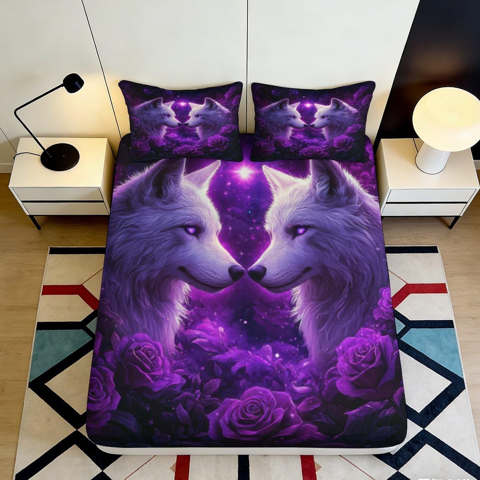 3D Printed Purple Wolf Fitted Sheet Microfiber Deep Pocket Non-Slip Purple Wolf Mattress Fitted Cover Soft Elastic Hem Washable Bedding 200x200x25cm 90x200x25cm
