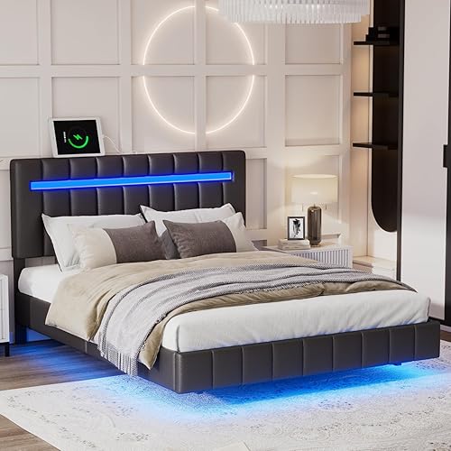 Miniatura 3 de Base de cama flotante moderna de tamaño matrimonial con cabecero, cama tapizada de plataforma matrimonial con luces LED y carga USB, marco de cama