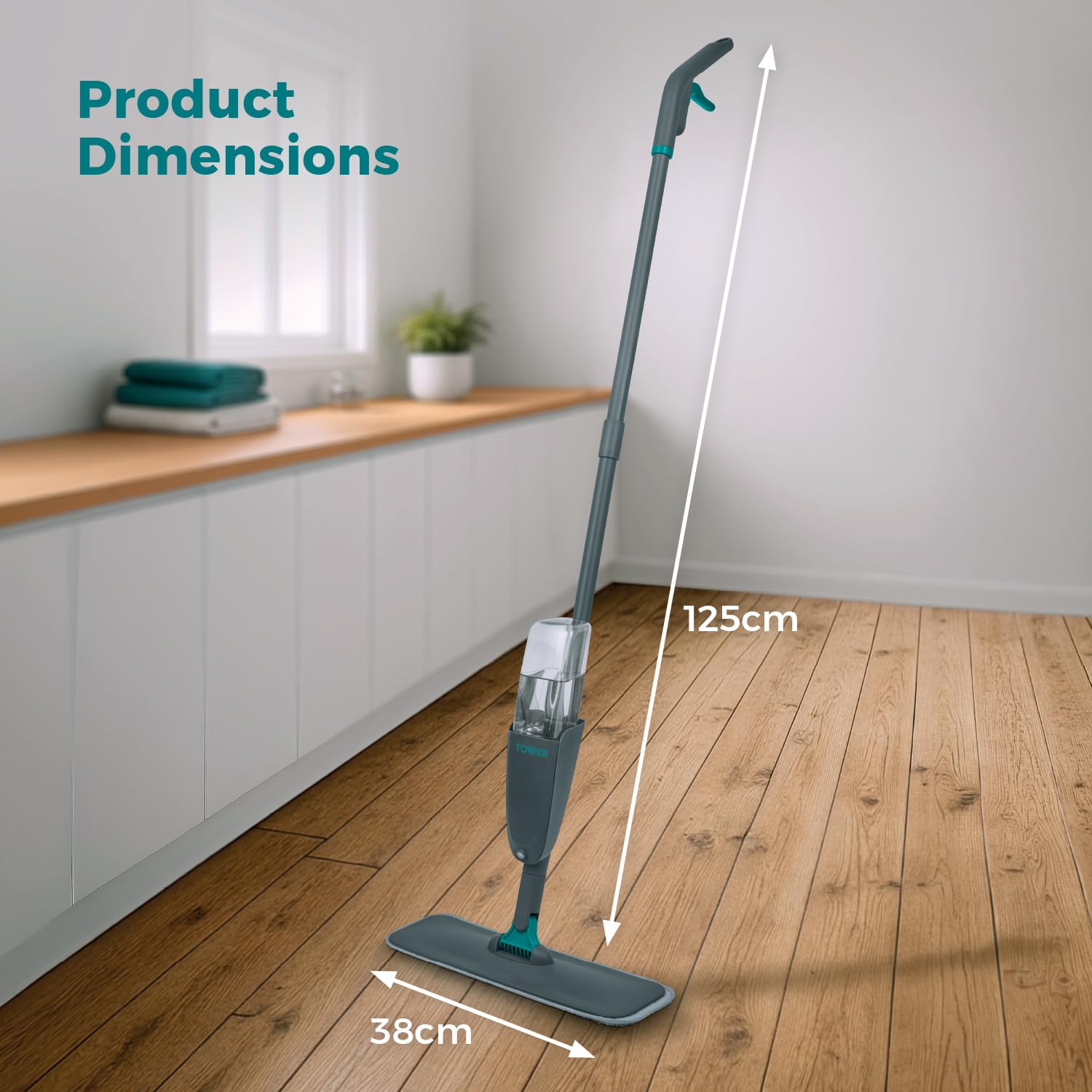 Tower Trapeador en Aerosol con 4 Almohadillas de Microfibra Lavables y Botella Recargable de 500 ml, Ligera, ergonómica, Limpieza multisuperficie, Antracita y Verde Azulado, T769012TL