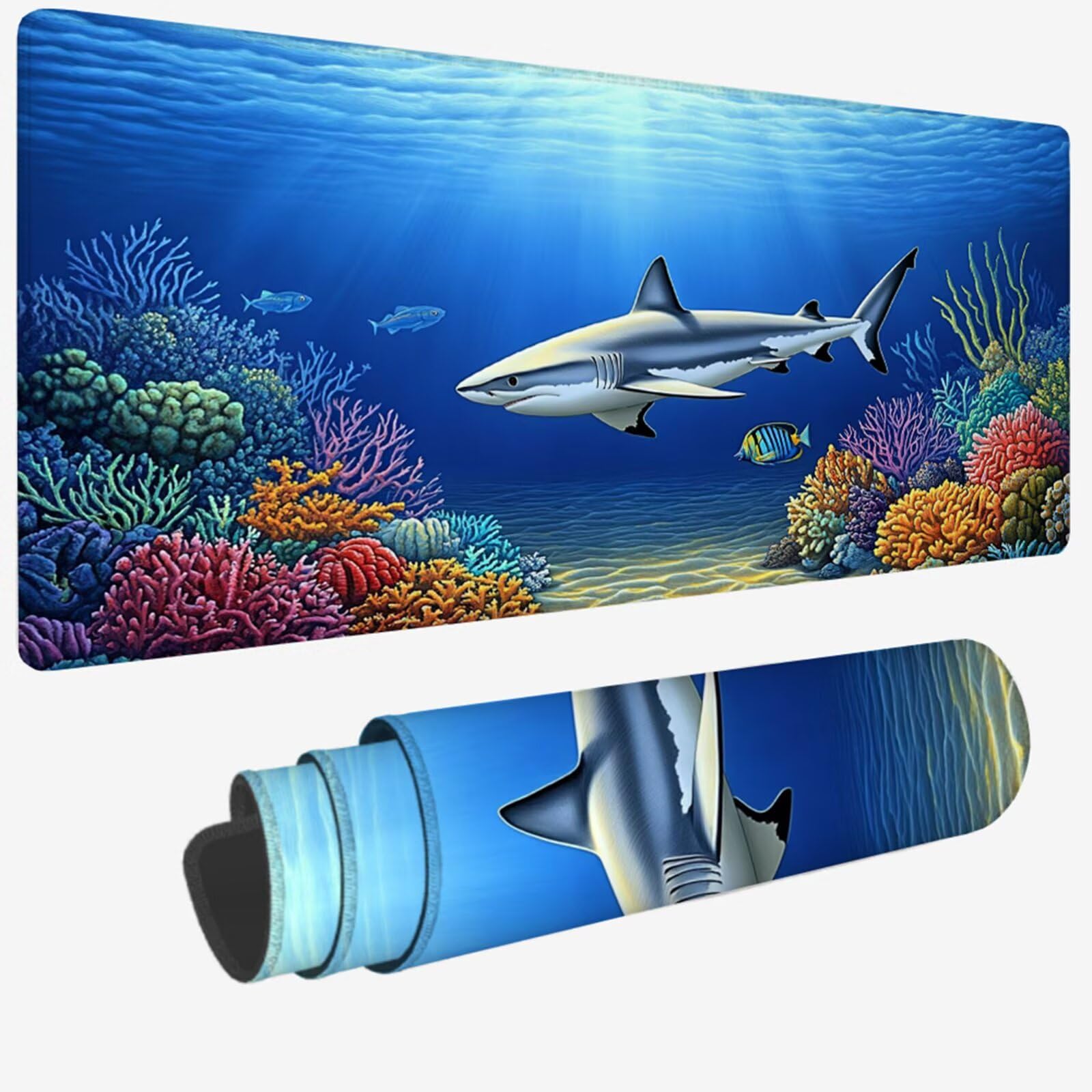 Podkładka pod mysz XXL 1200 x 400 x 3 mm, niebieska duża podkładka pod mysz z wodoodporną i antypoślizgową gumą rekin pod ręką biurko zszyte krawędzie, poprawia precyzję i szybkość dla gracza W-132