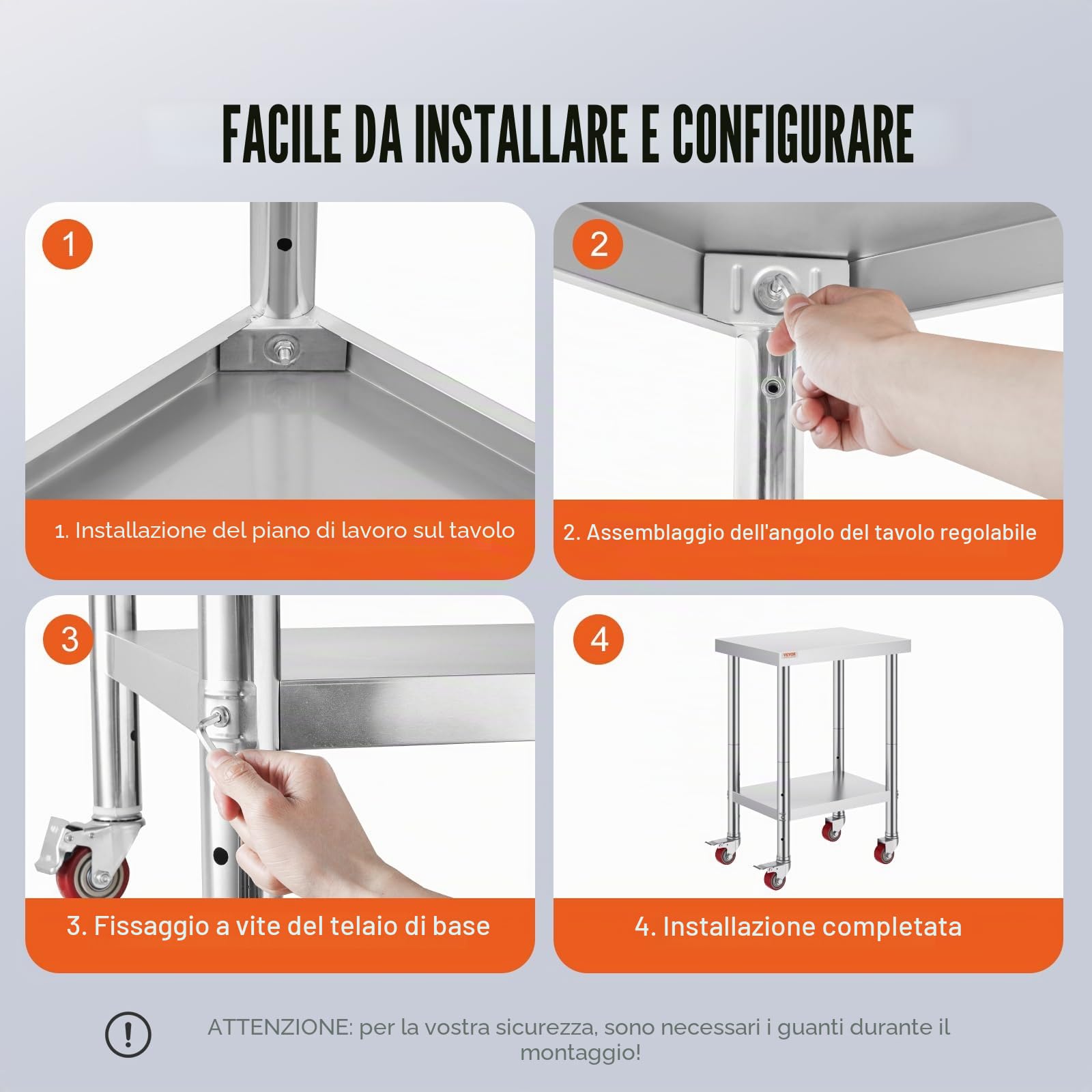 VEVOR Tavolo da Lavoro in Acciaio Inossidabile 76 x 60 x 85 cm, con 4 ruote, banco da lavoro commerciale per la preparazione degli alimenti con ripiano flessibile di regolazione per tavolo da cucina