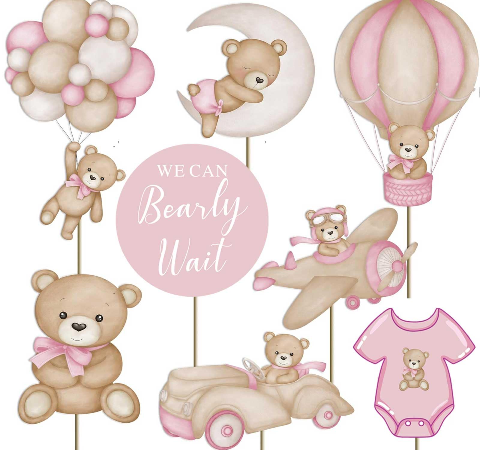 Zliisang 16Pcs Pink We Can Bearly Wait Baby Shower Centerpieces Cake Decorations Bear Birthday Party Decorations for Girl Cake Toppers