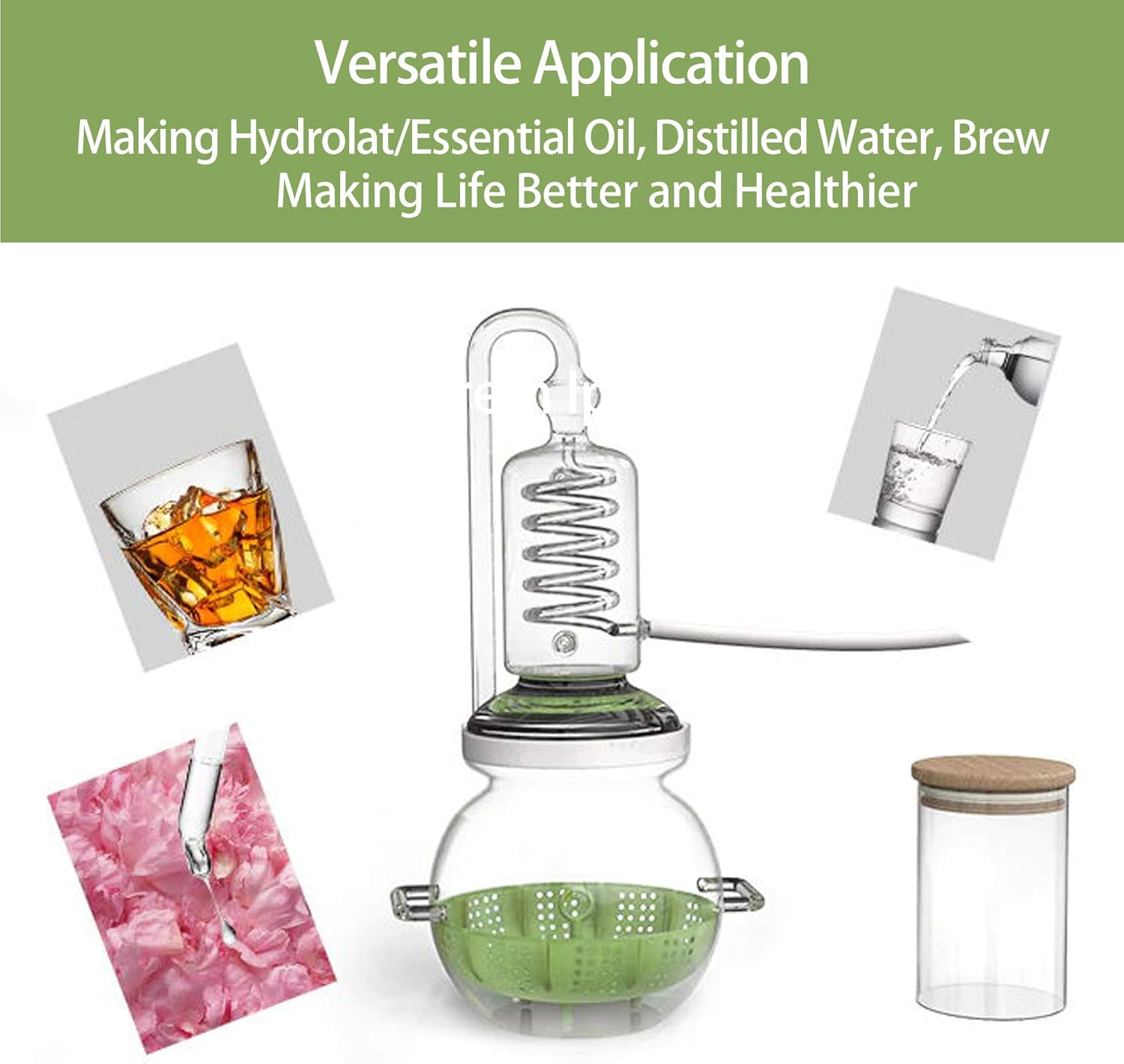 YUEWO 1Gal/4Liters Crystal Essential Oil Distillation Equipment Hydrosol Extractor Machine Water Distillers Home Brewing Kit for Home Countertop (Height:450cm/177inch+Essential Oil Separator)