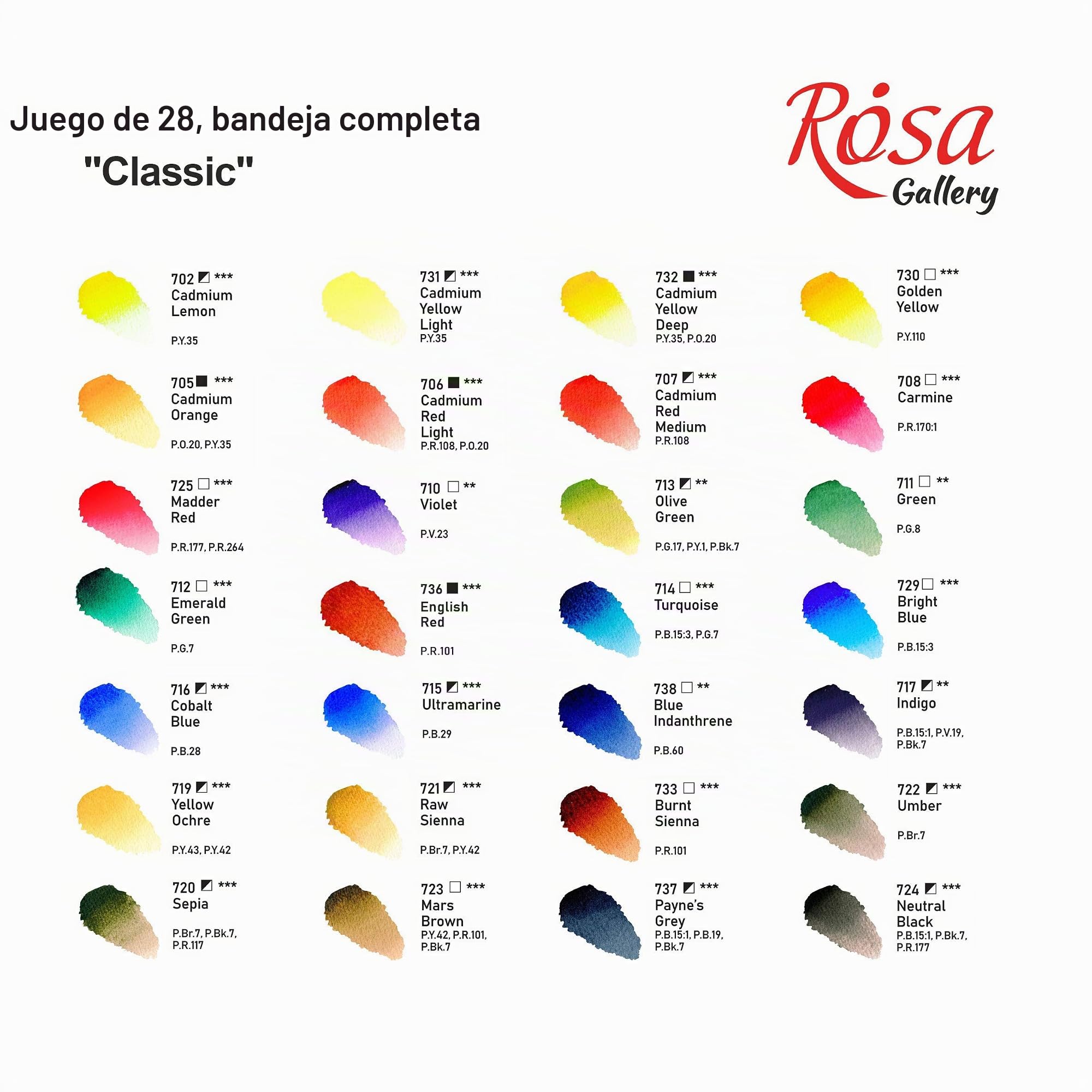 ROSA Gallery Juego de pintura de acuarela profesional, fabricado en Ucrania, 28 colores de agua de 2,5 ml, kit de acuarela de viaje portátil, pinturas de alta resistencia a la luz para artistas,