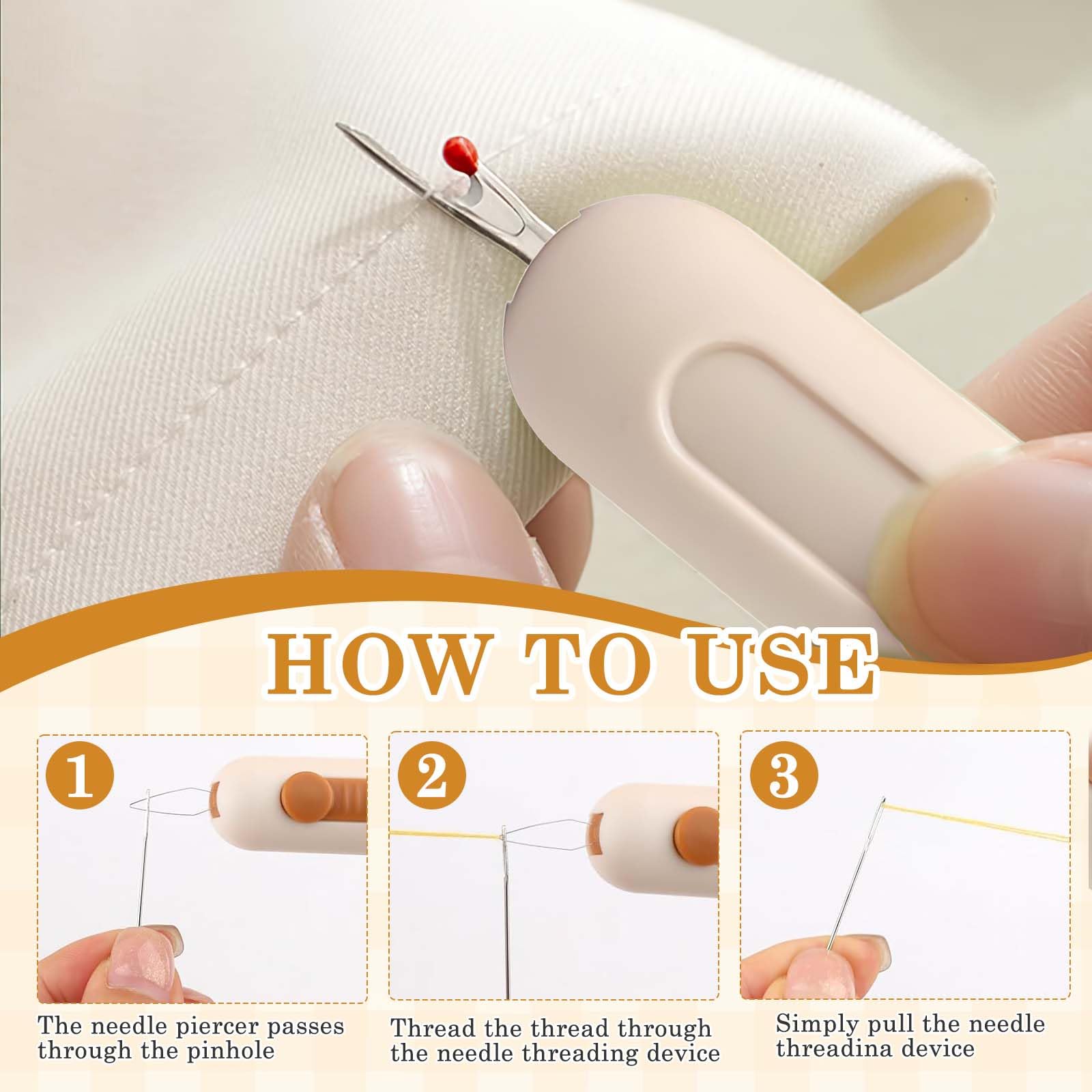 TecoKart® 2 in 1 Needle Threader Tool with Seam Ripper, Thread Inserter, Stitch Opener 3 in 1 Multifunction, Threading Device for Handcraft - Beige 3