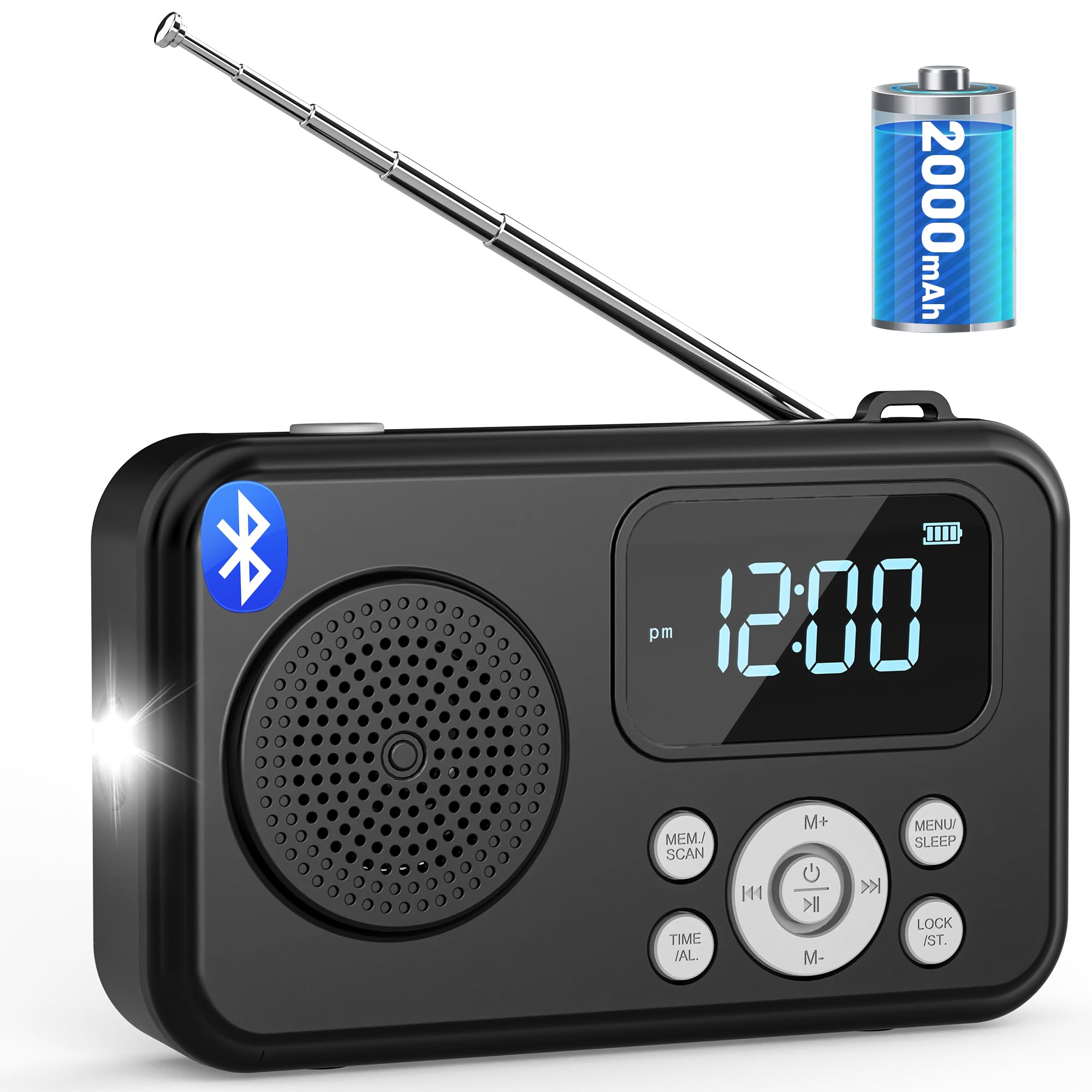 2000mAh Rechargeable AM FM Radio with Bluetooth Portable Transistor Pocket Radio with IPX4 Waterproof,Digital Tuning, Flashlight,LCD Screen,Earphone Jack, Sleep Timer and Alarm Clock for Jog