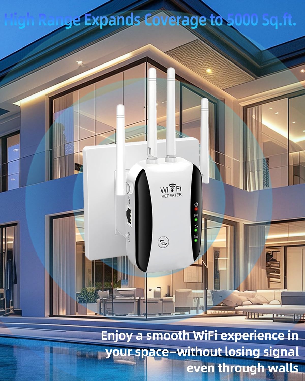2026 WiFi Extender, WiFi Booster, Long Range WiFi Signal Amplifier, 4 Antennas Cover 5000 Sq.ft & 50 Devices, Internet Repeater with Ethernet Port, Quick Setup, UK Plug, White — view 4