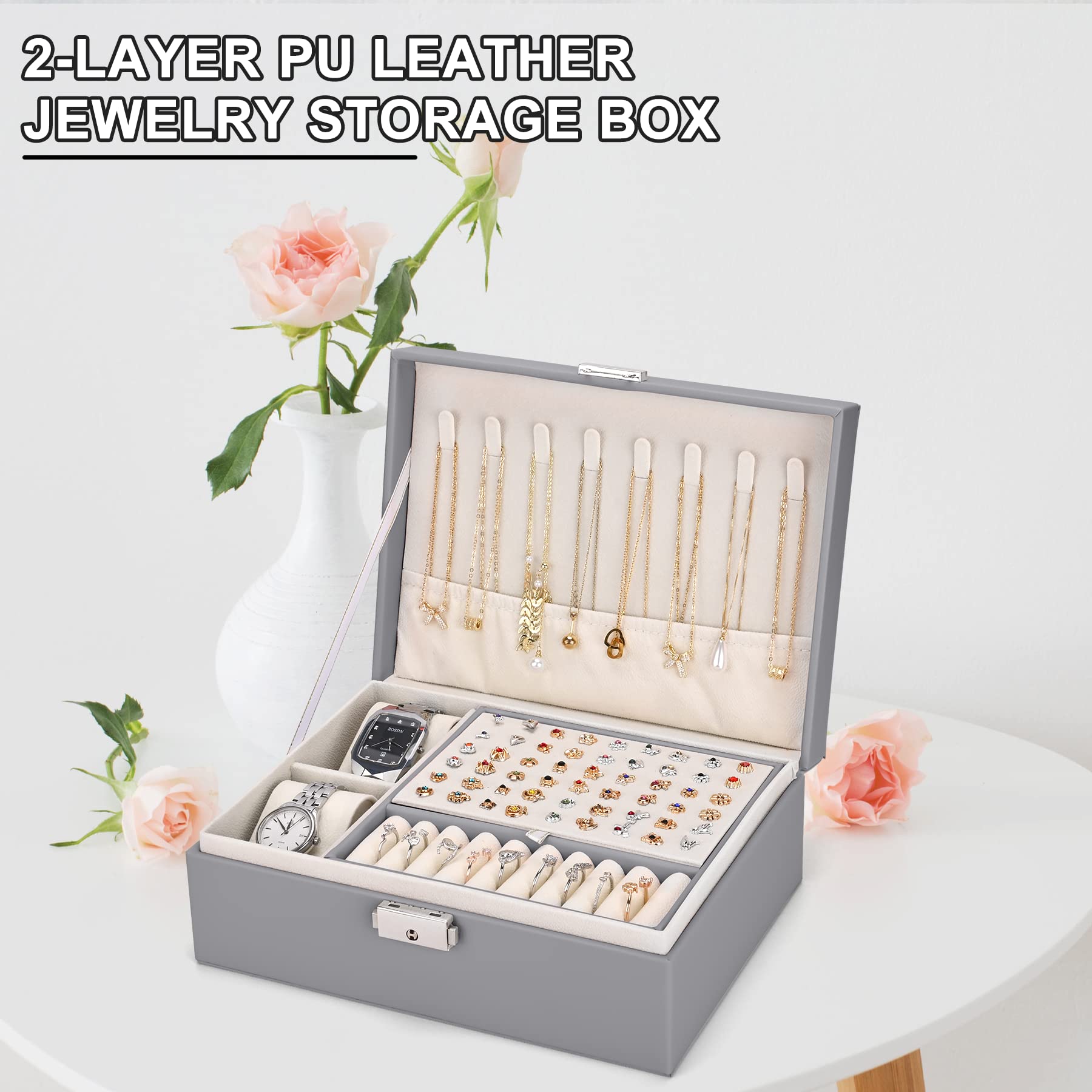 TENXSNUG Porta Gioielli Donna Ragazza, Scatole Portagioie Grande in Pelle PU a 2 Strati, Organizer Gioielli Bloccabile Cofanetto Portagioielli per Collane Orecchini Bracciali Anelli Orologi, Grigio