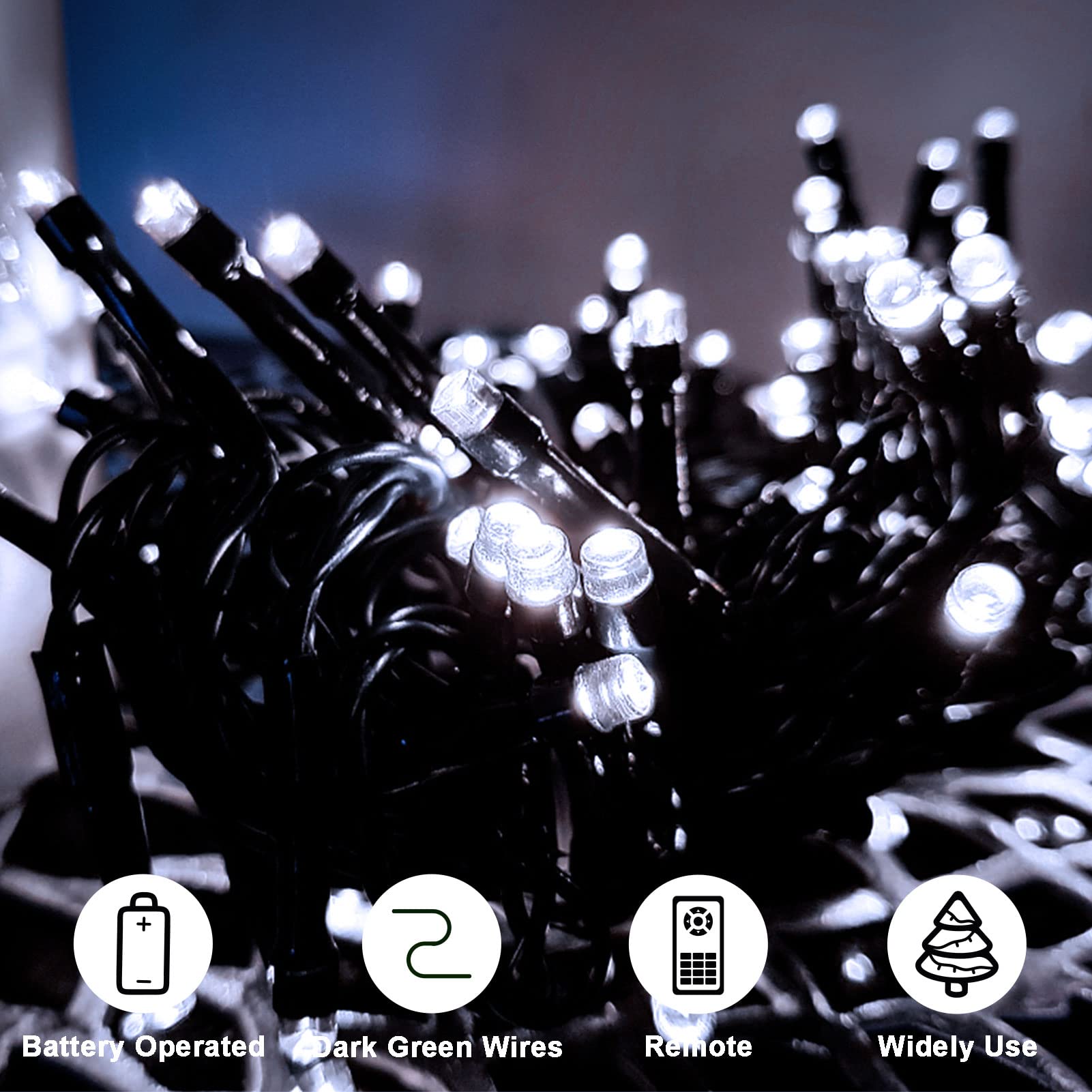 Paquete de 4 luces de cadena para exteriores que funcionan con pilas, cable verde oscuro de 5 m, 50 LED con temporizador remoto, luces centelleantes para la habitación de Navidad (blanco frío)