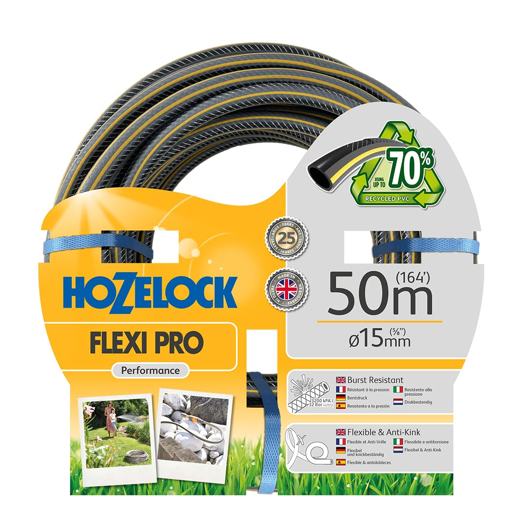 Hozelock Pro | 50m Flexi Pro Hose | Transparent Garden Hosepipe | Sustainable 70% Recycled PVC | Premium Feel | Flexible, Strong, Durable | Modern Design