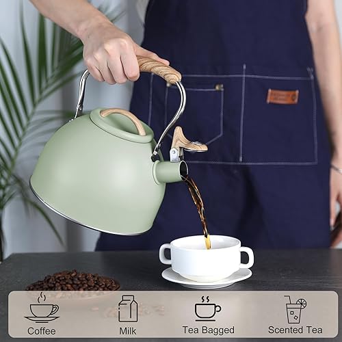 Miniatura 7 de Hervidor de té de 100 onzas  3 litros, tetera para estufa, acero inoxidable de grado alimenticio con mango plegable con patrón de madera, silbato