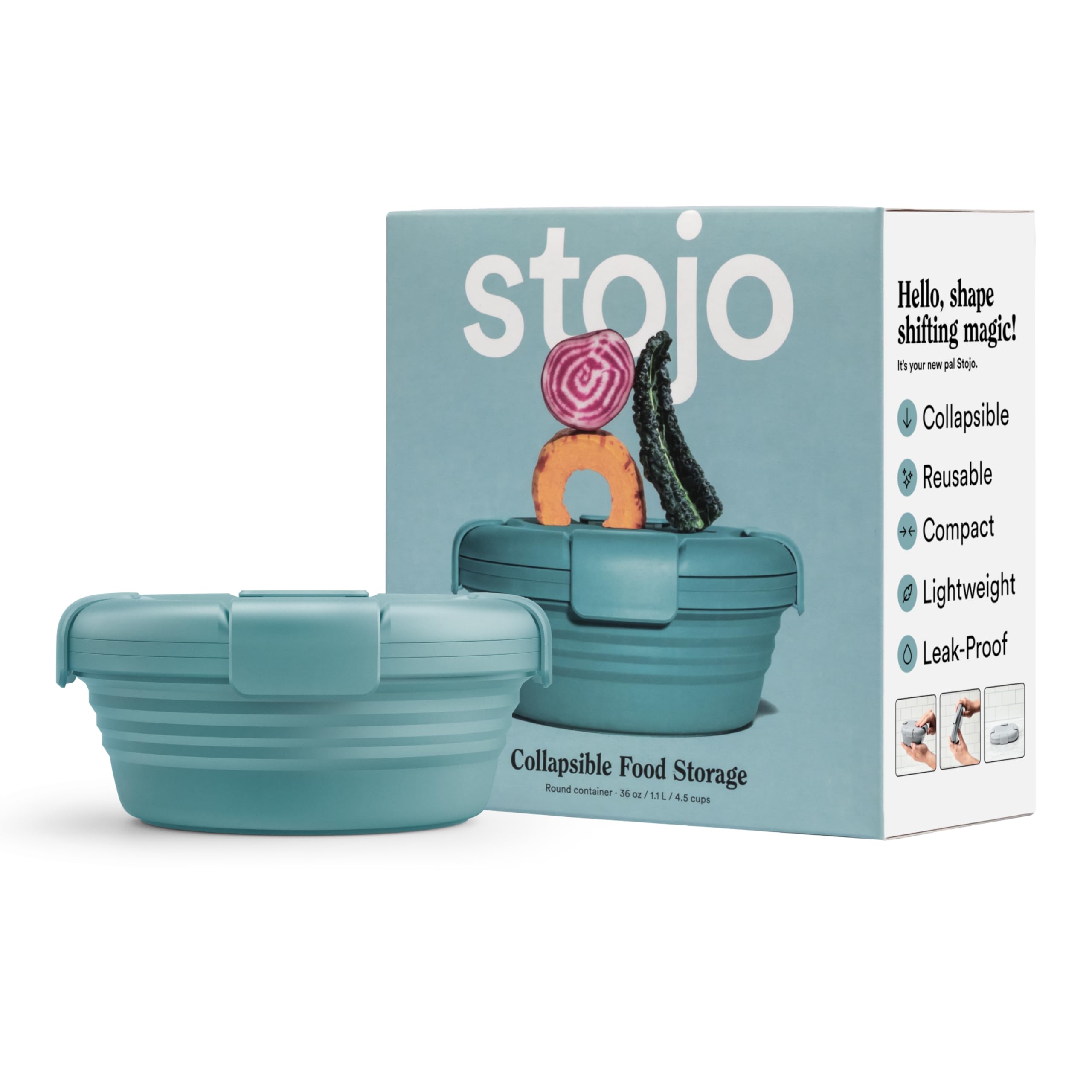 STOJO Collapsible Bowl - Eucalyptus, 36oz - Reusable Silicone Bowl for Hot and Cold Food - Perfect for Travel, Meal Prep, To-Go Lunch, Camping & Hiking - Microwave & Dishwasher Safe