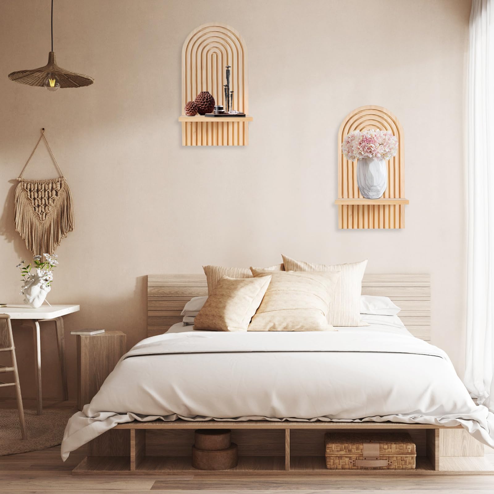 Puhui Boho Regenbogen Wandregal - 2er Set Naturholz Deko-Regale