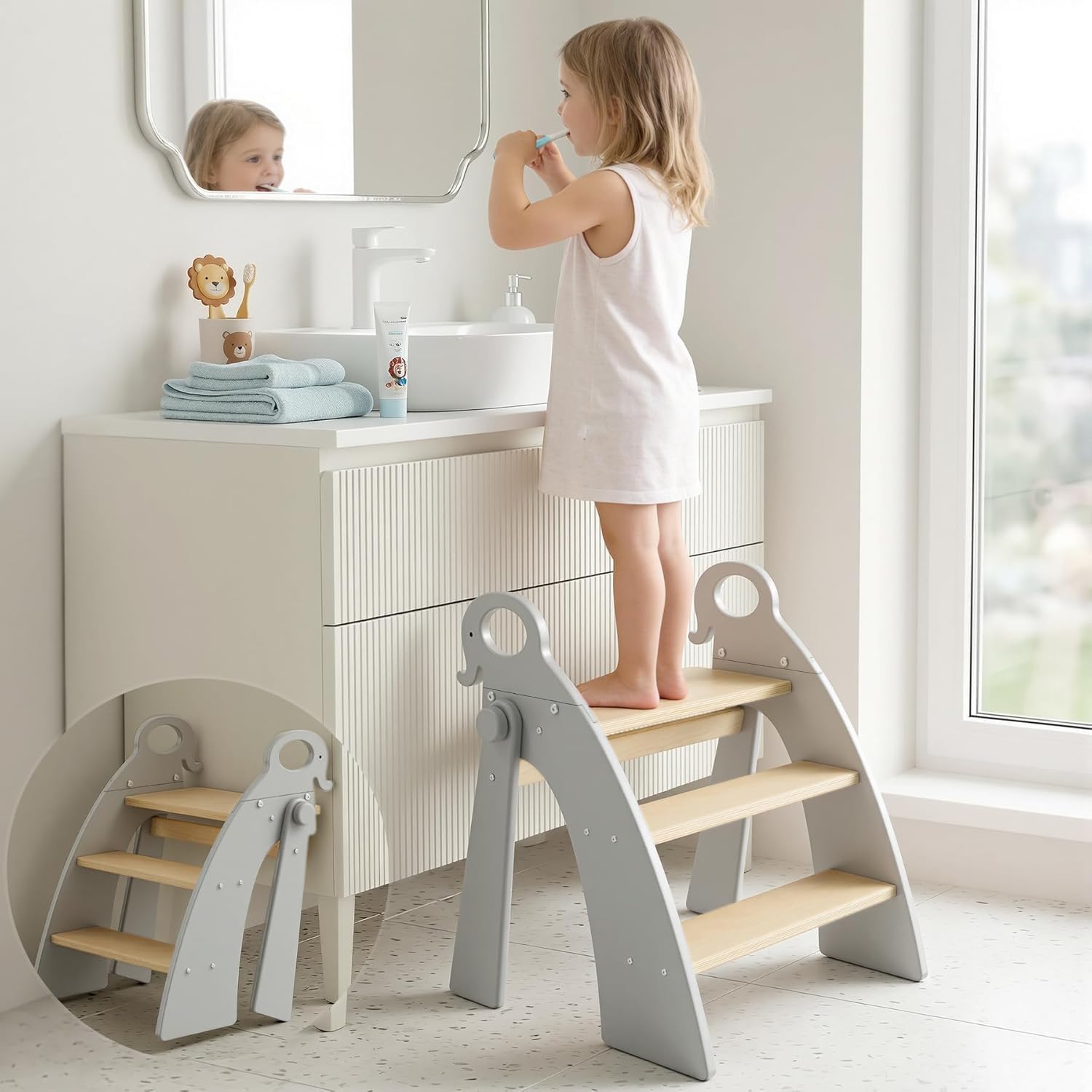 Tritthocker für Kinder Holz, 3 Stufen Kinderschemel, Trittschemel für Baby, Faltbar, Multifunktional, für Bad, Kleinkinderzimmer, Küche