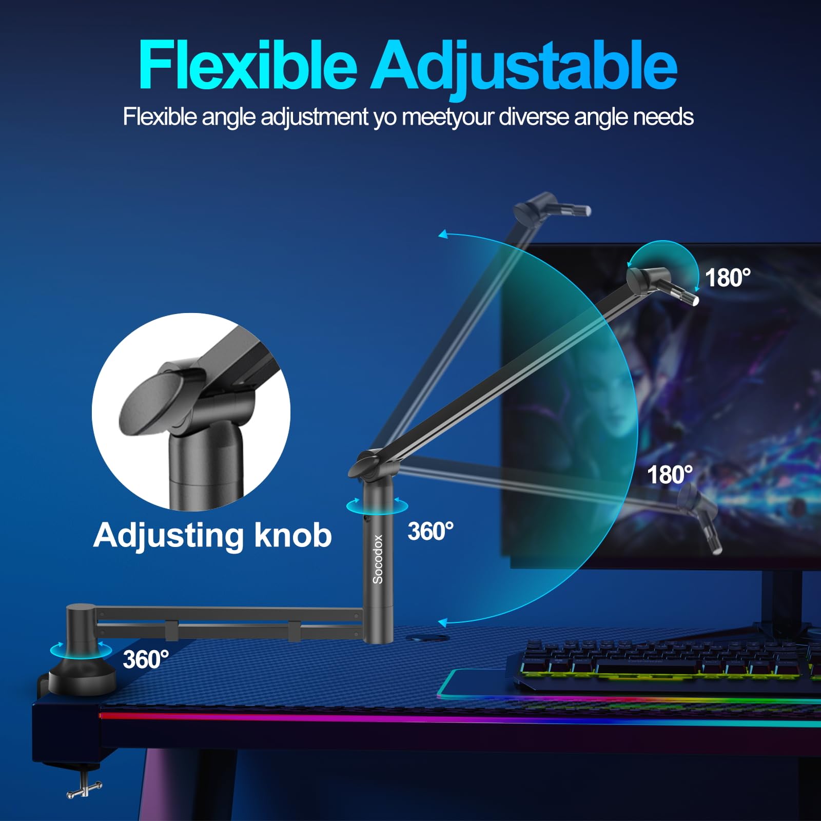 Brazo de Micrófono a Bajo Perfil – Negro, Carga 2kg, Abrazadera 7cm | Compatible con Blue Yeti, Adaptadores 3/8" & 5/8" Incluidos, para Streaming, Podcast & Gaming