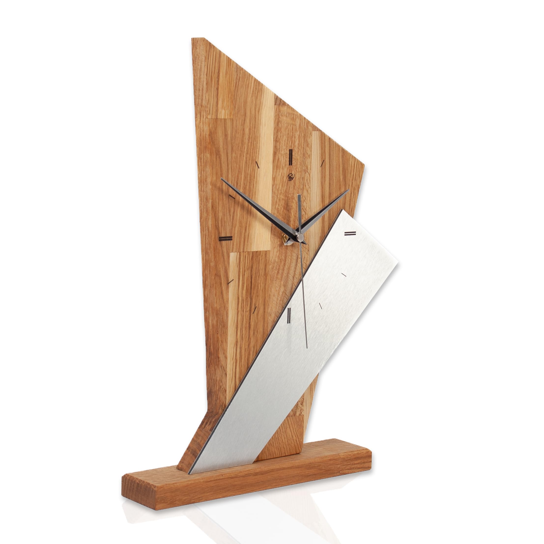 Kreative Feder Designer-Standuhr „Brown Square“ aus Massivholz – Tischuhr in modernem Metallic-Look ohne Ticken (leises Quarzuhrwerk, Eiche)