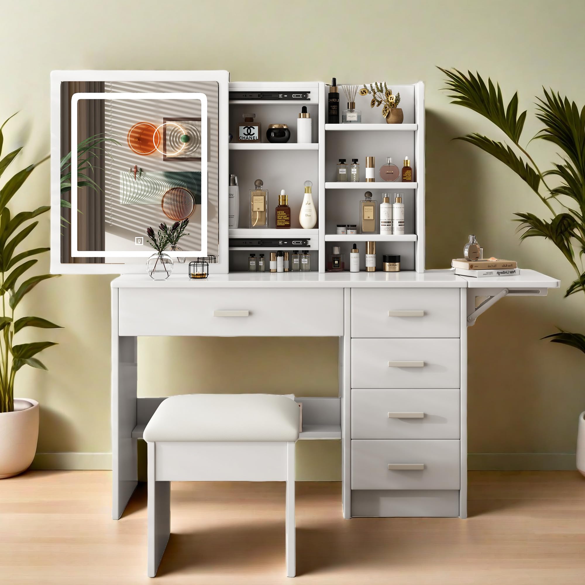 Montary Makeup Vanity Desk with Mirror and Lights, White Vanity Table Set with 5 Drawers & Sliding Mirror & Storage Shelves & Bench, 3 Lighting Modes