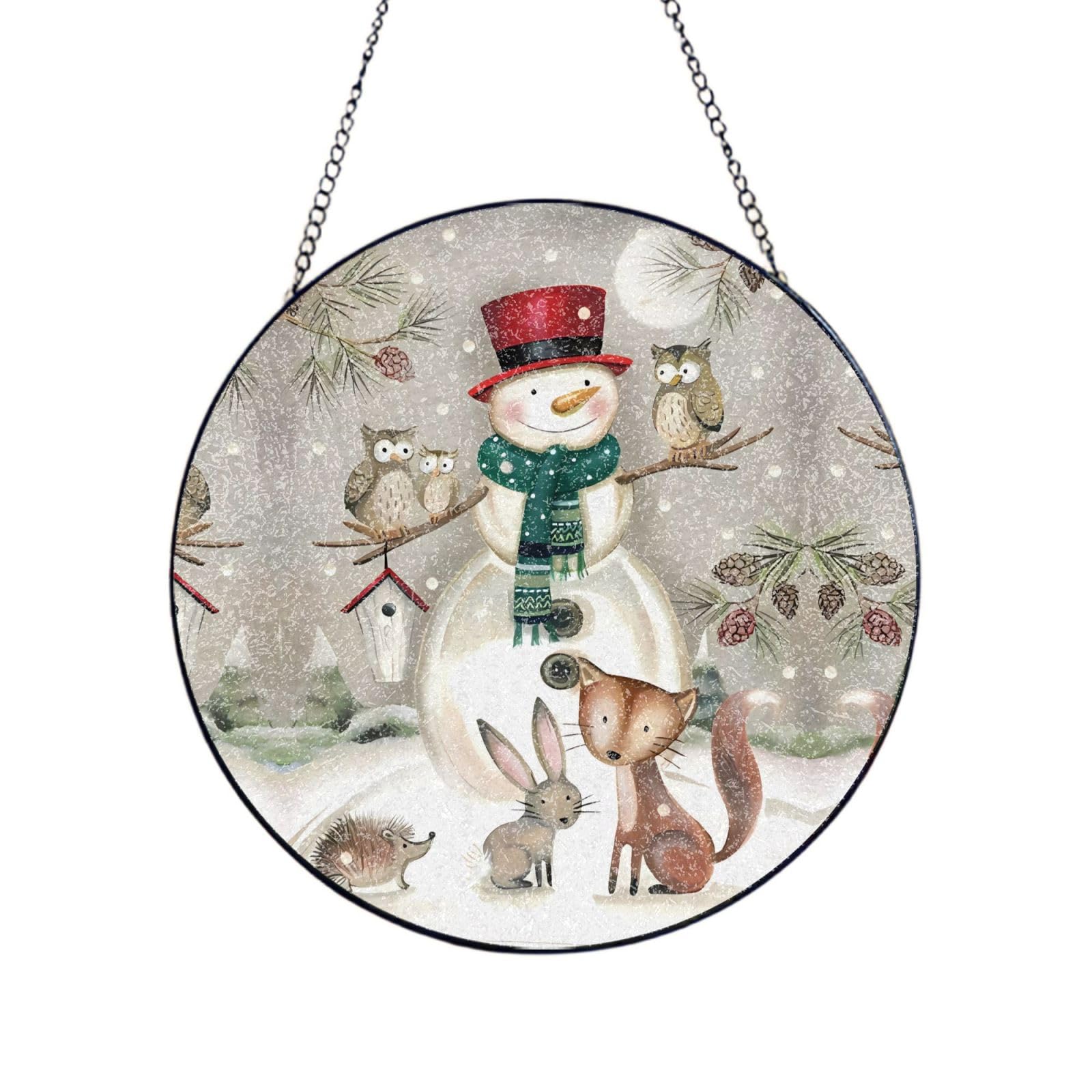 Phayah Owl Standing On Snowman Print Glass Window Hanging Round Suncatcher Glass Ornament Garden Wall Fence Decorations Indoor Outdoor 8in（20cm）