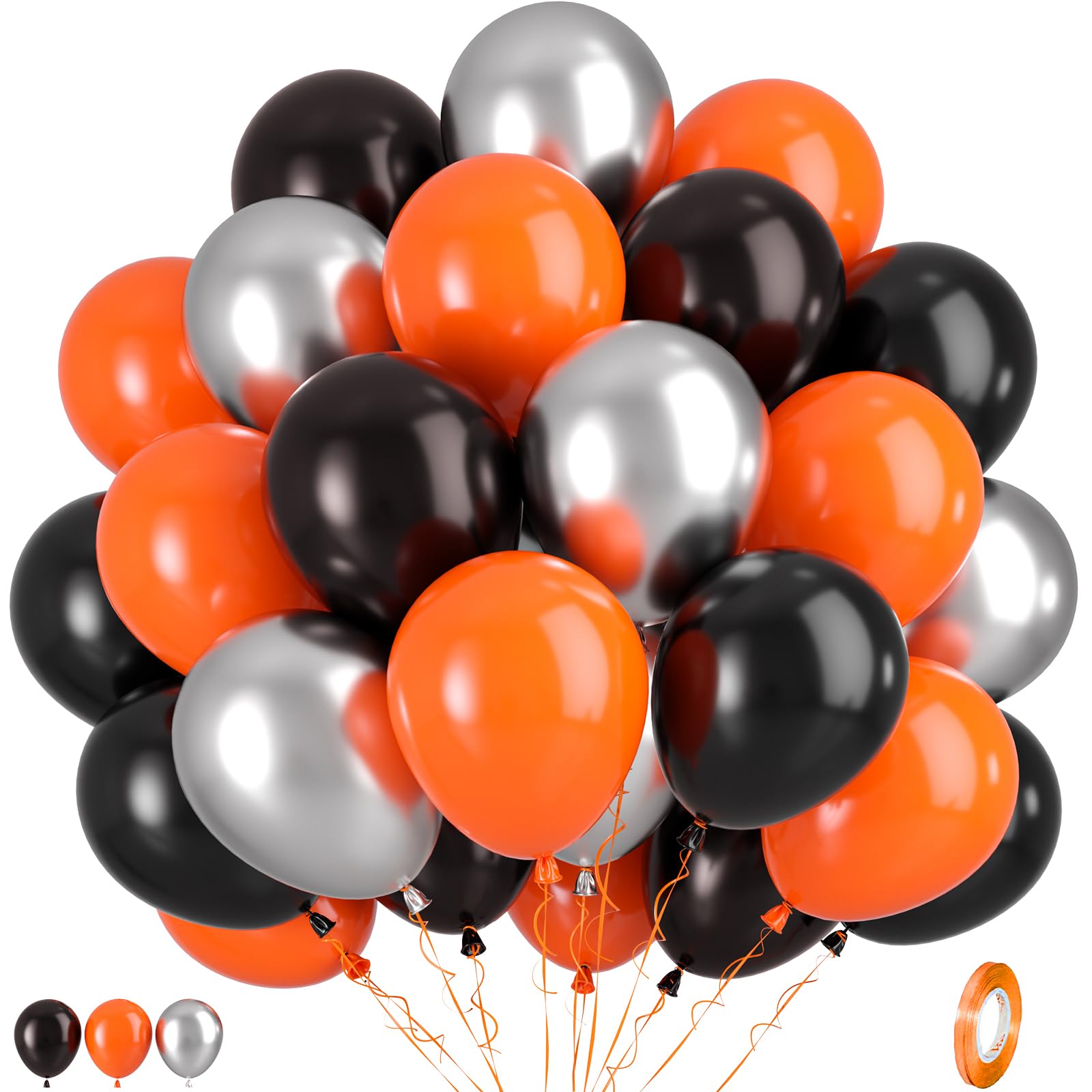 Black Orange Silver Balloons, 50pcs Black Orange Balloons, Metallic Silver Matte Orange Black Balloon for Birthday Boys Man Baby Shower Halloween
