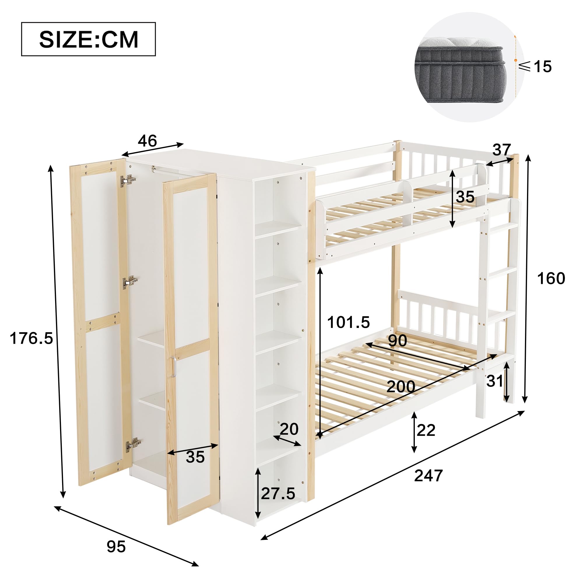 SUKY Litera, 90 x 200 cm, cuna con protección contra caídas y rejilla, con escalera de 4 niveles, 6 estantes abiertos, armario lateral, amplio espacio de almacenamiento, madera de pino+PB, color