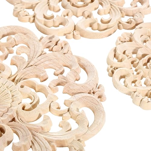 Miniatura 4 de MUXSAM Onlays de apliques redondos de madera, paquete de 2 calcomanías de madera tallada sin pintar para pared, armario, espejo, repisa, puerta,