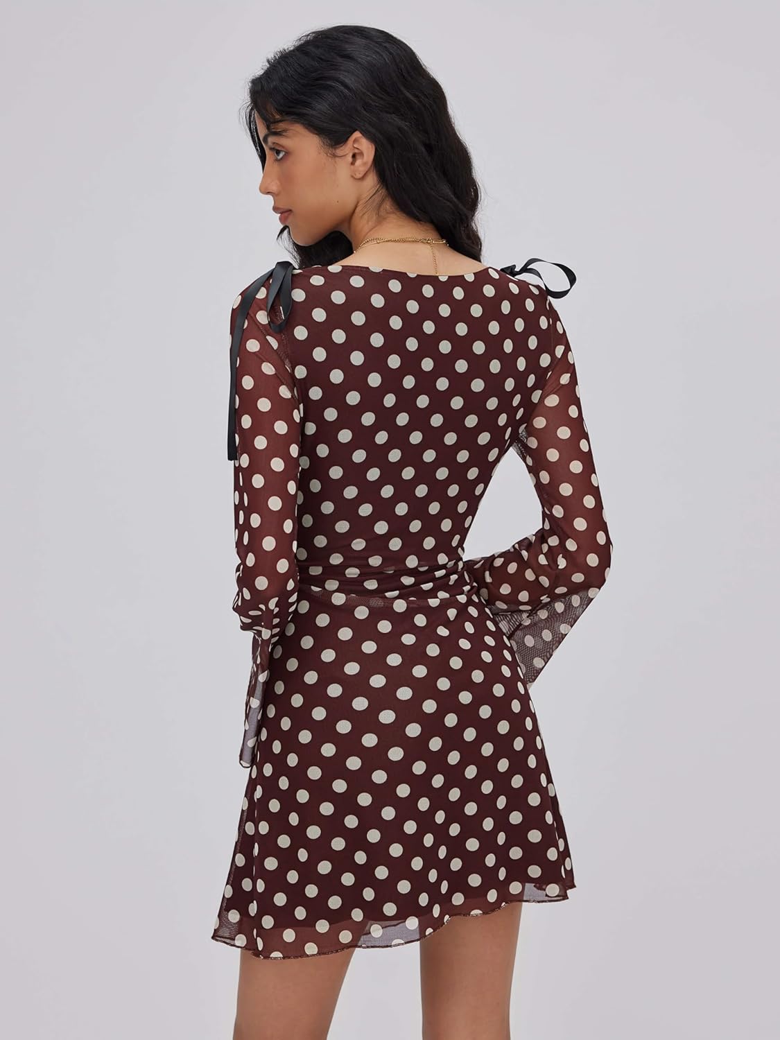 CIDER Polka Dot Dress Long Sleeve Sheer Bowknot Party Dress Women - Image 5