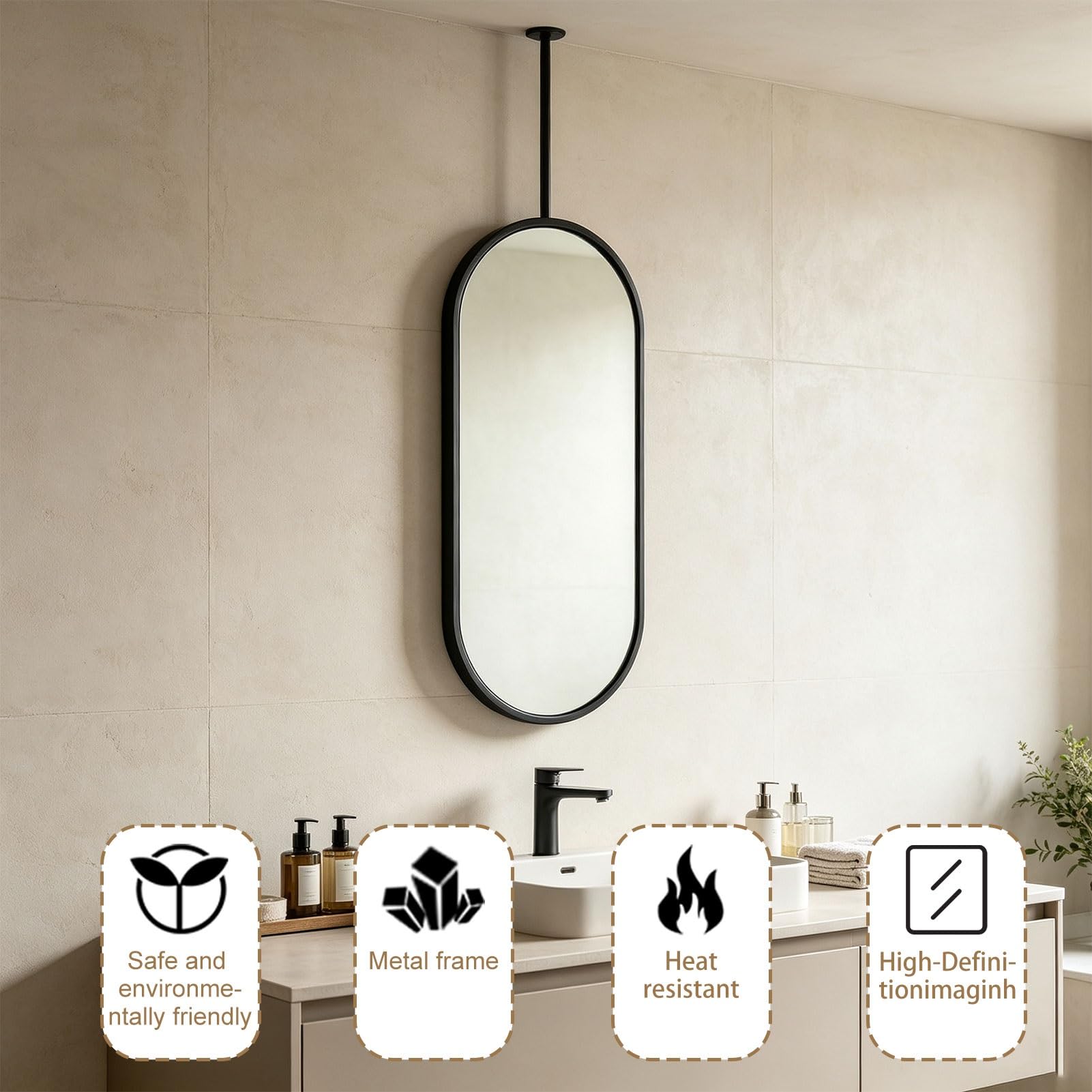 Miroir incassable ovale suspendu au plafond de la maison ou de l'hôtel | Miroirs suspendus simples et élégants,décoration murale,avec cadre et flèche en acier inoxydable brossé(50cmx60cm)