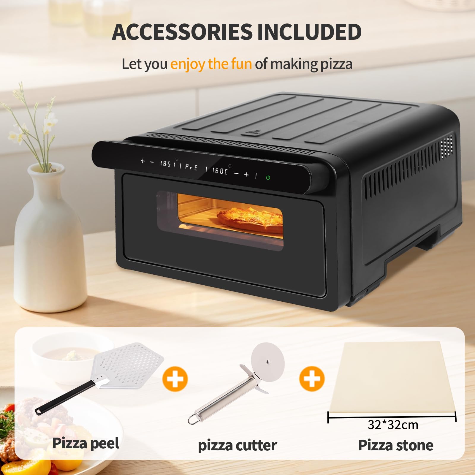 Four à Pizza électrique | Four à Pizza en Acier Inoxydable écran Tactile, Cuisson à 430°C max avec Pelle à Pizza Coupe Pizza Pierre à Pizza, 2200W max Pizzas de 3 min sans Retourner économie D'énergie