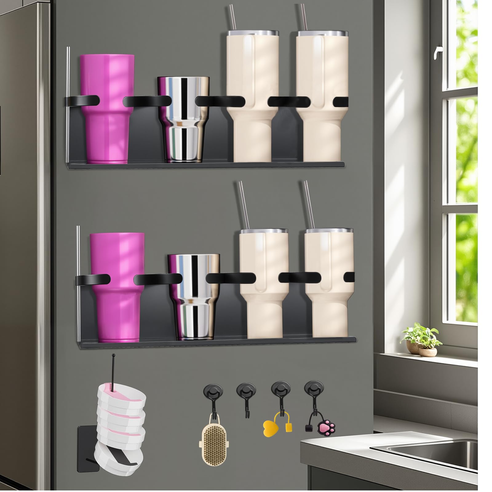 ECHEAAKW Magnetic Water Bottle Organizer Holder Set, Tumbler Lid Straw Organizer for Stanley & Large Tumbler, Metal Stanley Cup Holder with 4 Magnetic Hooks, Mug Stand Kitchen Organizers