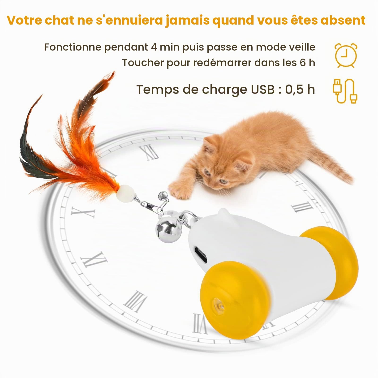 HAPPY HACHI Jouet Interactif pour Chat, 2 Vitesses Réglables, Mouvement Irrégulier USB Rechargeable Jouet Chat Interieur, avec Lumière LED Colorée, stimule l'instinct de Chasse, avec 3 Plumes