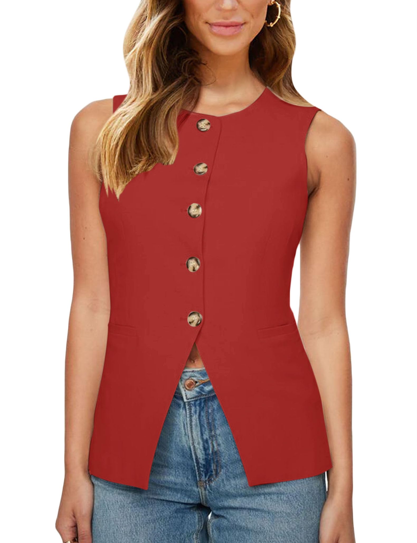 Chaleco de cuello redondo con botones Fallorchid chaqueta sin mangas estructurada 7
