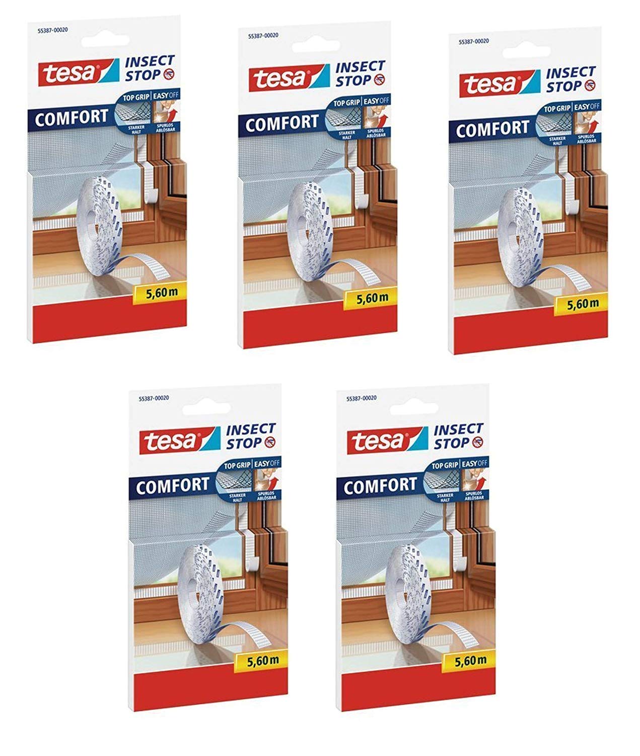 Tesa Insect Stop Comfort Selbstklebender Klettverschlussstreifen für Insektennetz, Nachfüllpackung (5x Ersatzrolle 5,6 m)