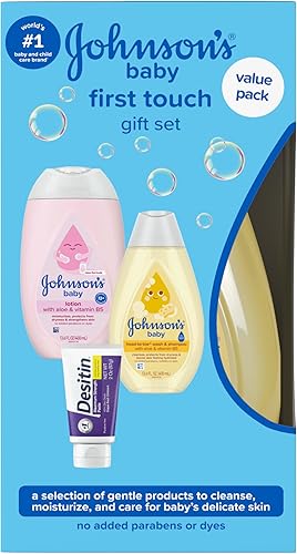 Miniatura 7 de Johnson's First Touch Baby Essentials Set de regalo con gel de baño y champú, loción corporal y crema de óxido de zinc para la piel delicada del