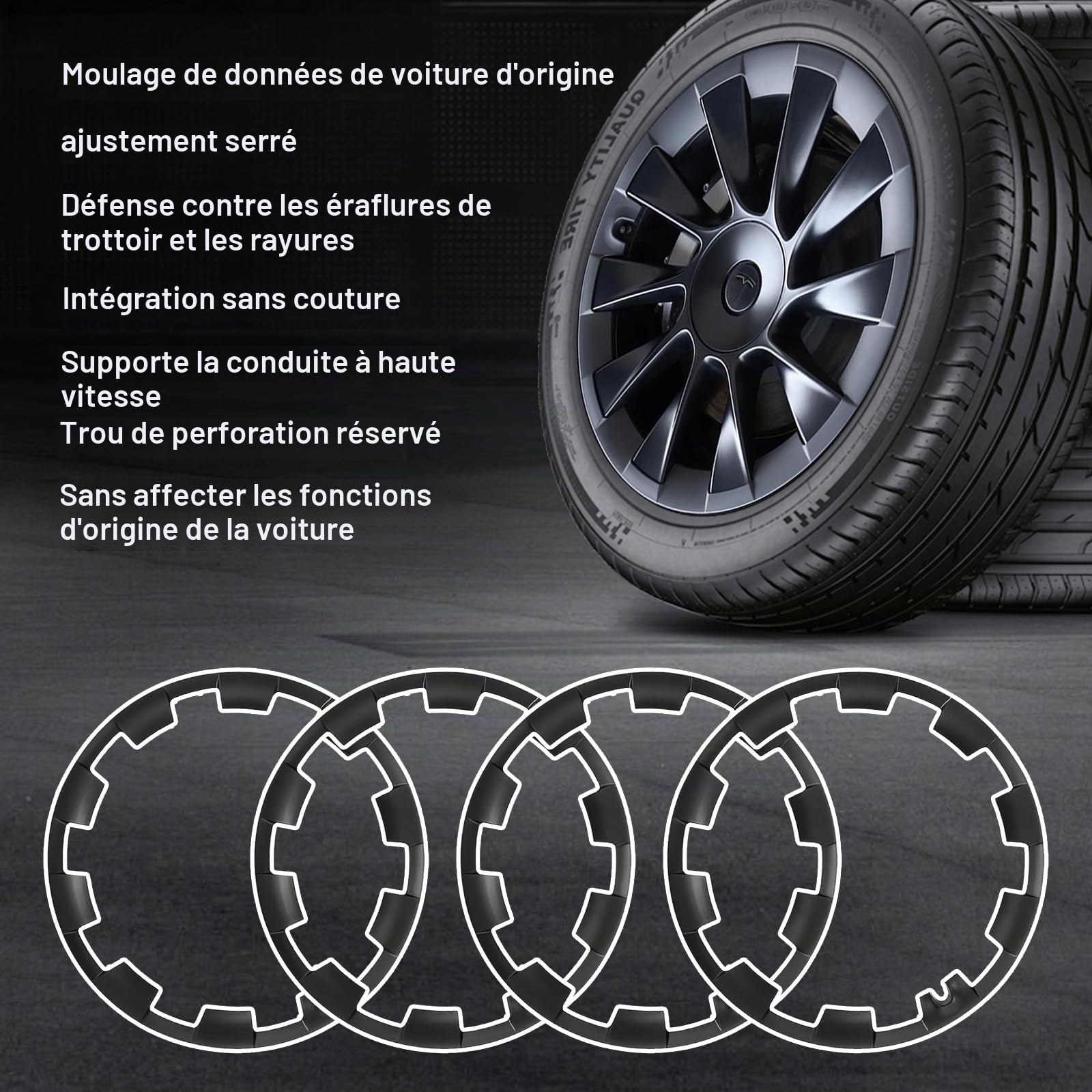 Protecteur de Jante de Roue de 20 Pouces pour Modèle Y, Enjoliveurs de Rechange pour Enjoliveurs de Roue pour Modèle Y 2019‑2024, Couvercle de Protection de Moyeu, Noir Mat Paquet de 4 (Model Y)