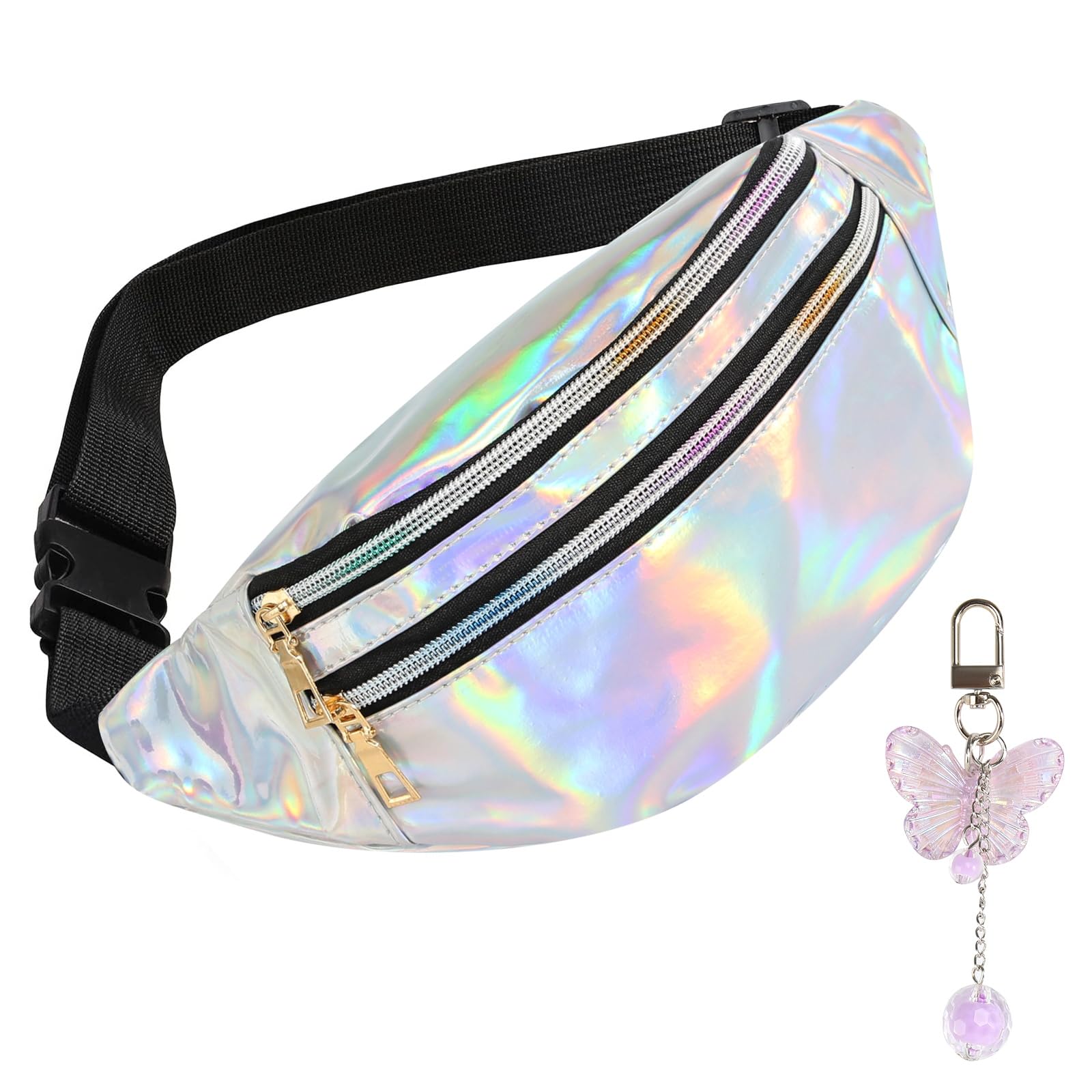 FASBET Riñonera para niña, mujer, niño con decoración de mariposa, riñonera multicolor, riñonera para mujer, elegante, riñonera para niños, niñas, niños, festivales, hipbag, plata, talla única, Diseño