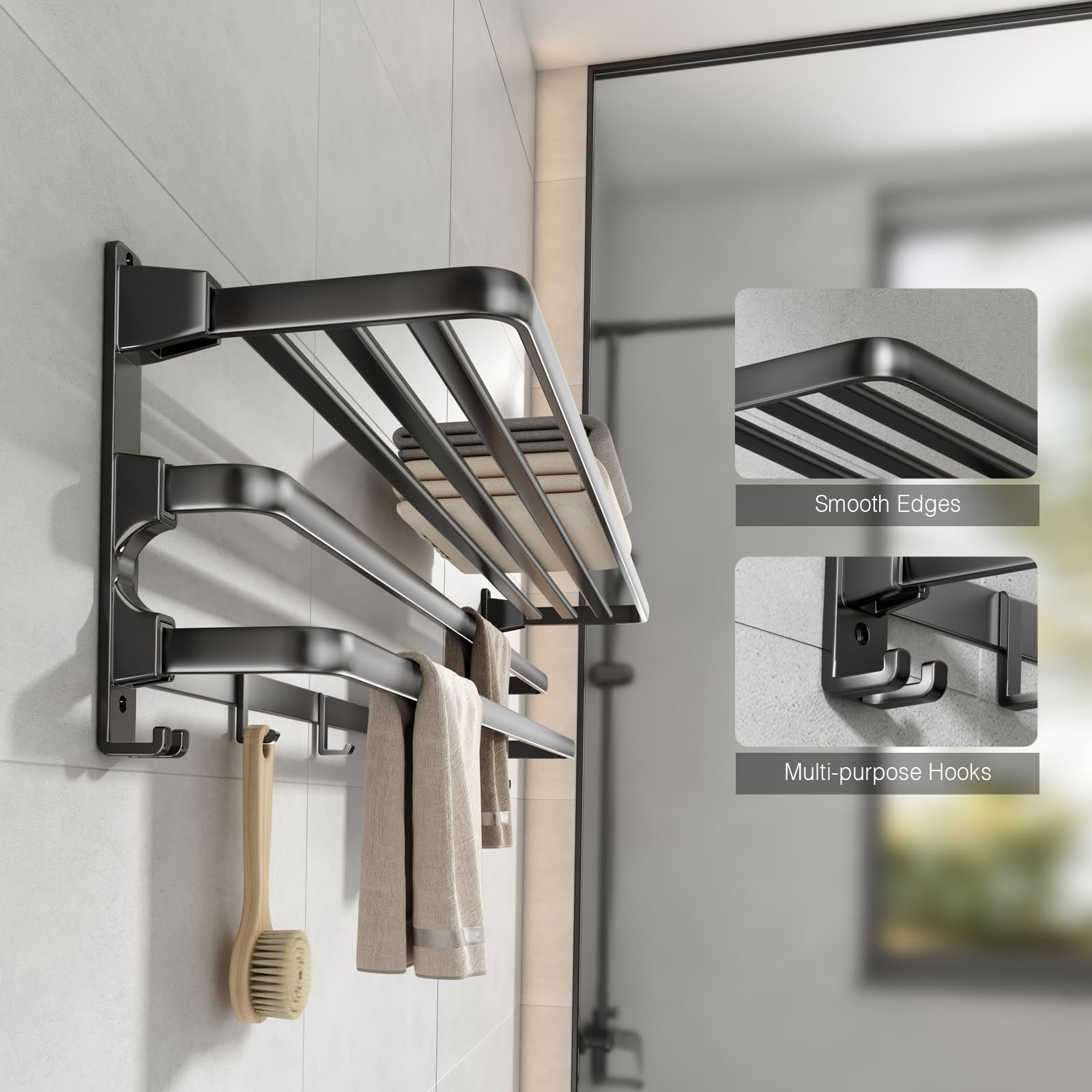 VOLDRA Portasciugamani Pieghevole Da Bagno 61 Cm Con Mensola E 7 Ganci - Salvaspazio, Nero Opaco, Montaggio A Parete Con Viti O Adesivo