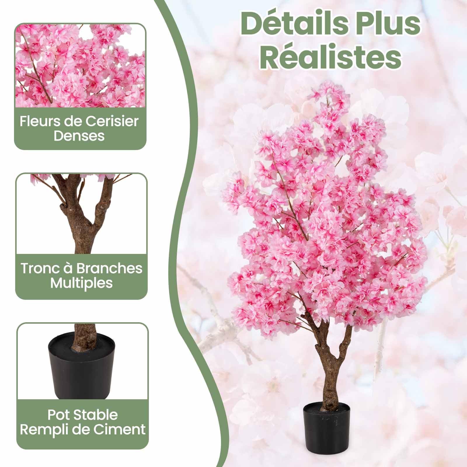 COSTWAY Plante Artificielle en Pot Remplies de Ciment 120CM, Fausse Cerisier avec 900 Fleurs Roses Tronc en Polyéthylène Multi-Branches, Décoration Moderne pour Salon Balcon Bureau