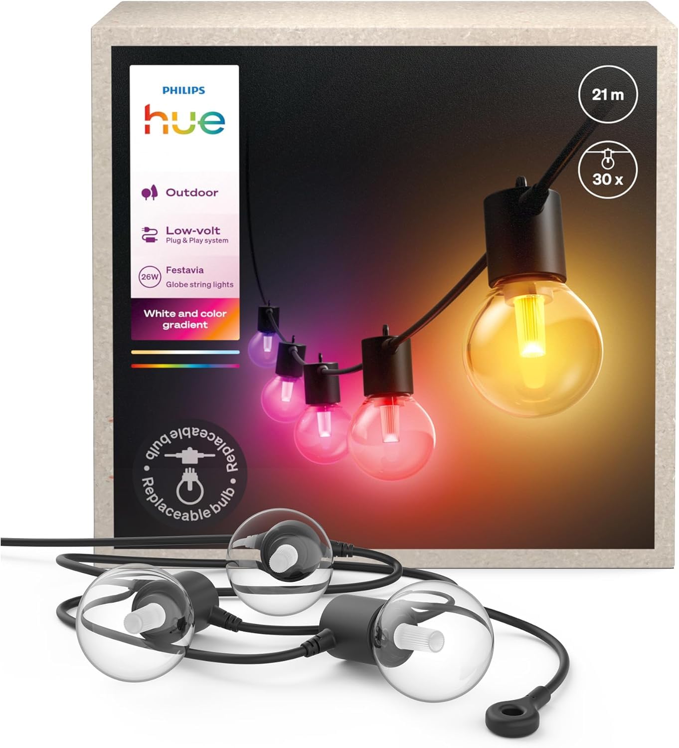 Philips Hue Festavia - Guirnalda de luces exterior, 21m, RGB, 30 bombillas LED, luces de colores regulables para iluminación jardín, control con app, funciona con Alexa, Google Assistant y Apple Home