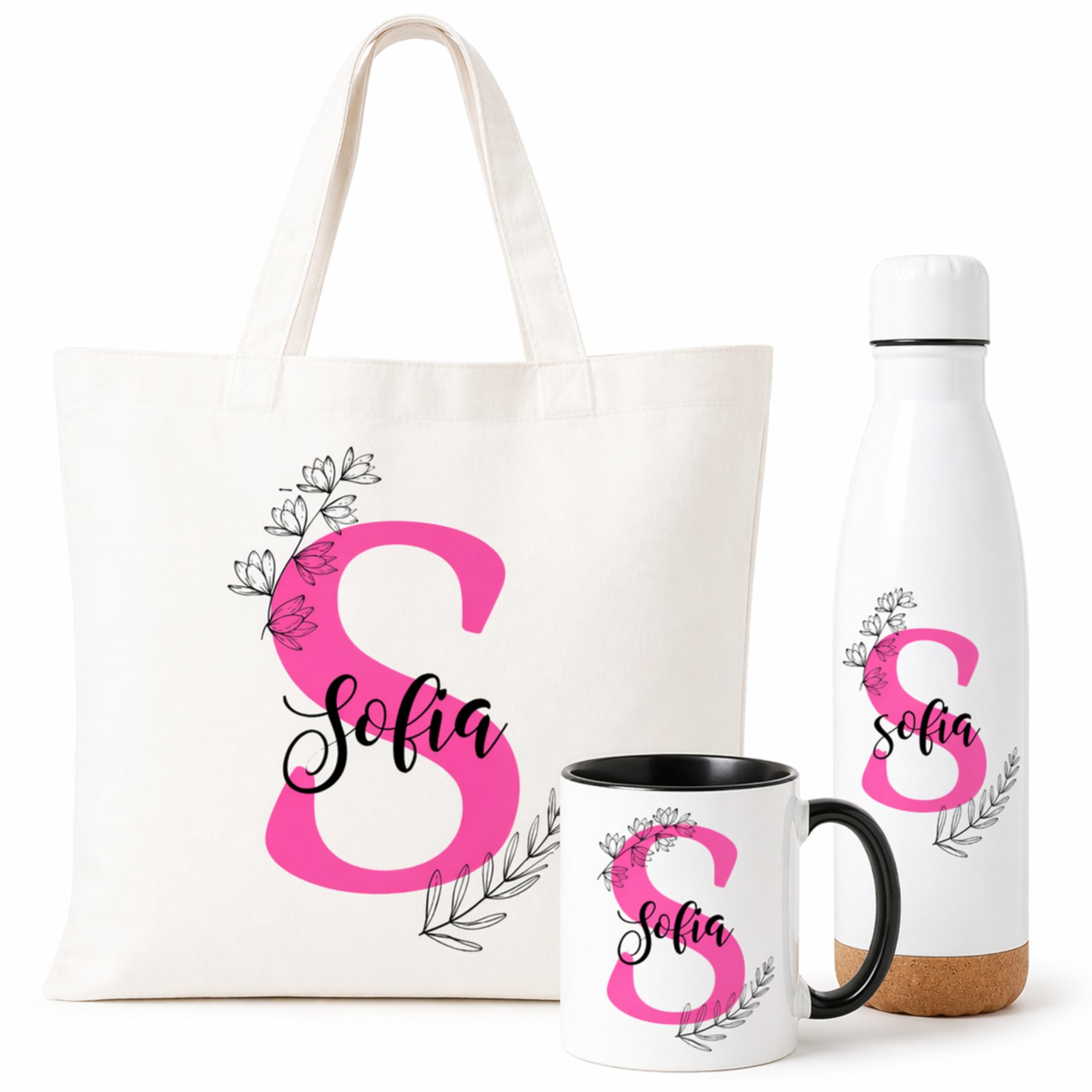 Gifters | Bolsa Tote, Taza 325ml y Botella Acero Inox 750ml | Diseño Floral con Inicial y Nombre | Shopper, Tote Bag con Cremallera | Pack Regalo Personalizado Original Mujer, Amiga, Niña o Madre