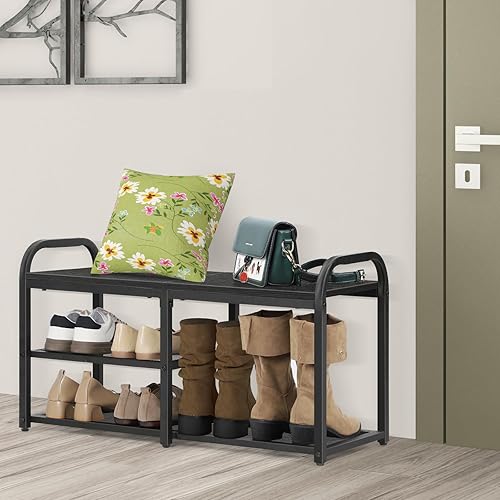 NORCEESAN Zapatero para entrada, organizador de zapatos para armario, banco negro con almacenamiento de zapatos, zapatero independiente con estantes