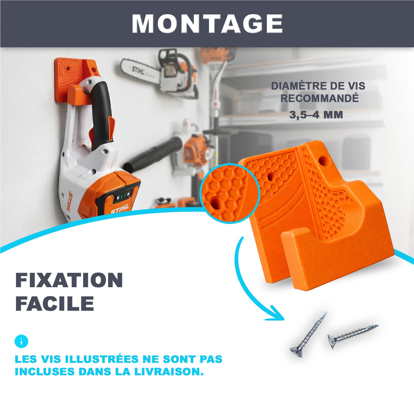 Support mural compatible STIHL pour outils à poignée arrière, porte-outils jardin pour taille-haie, tronçonneuse et appareils similaires, charge 15 kg - Fabriqué en Allemagne