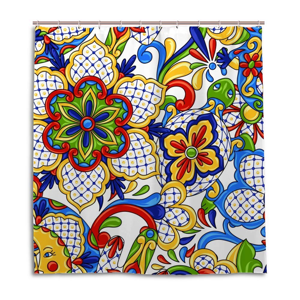 Shower Curtain Bath Curtain Waterproof Bathroom Mexican Pattern Talavera Ornamental Polyester Fabric Curtain Set with 12 Hooks Machine Washable 72" x 72"