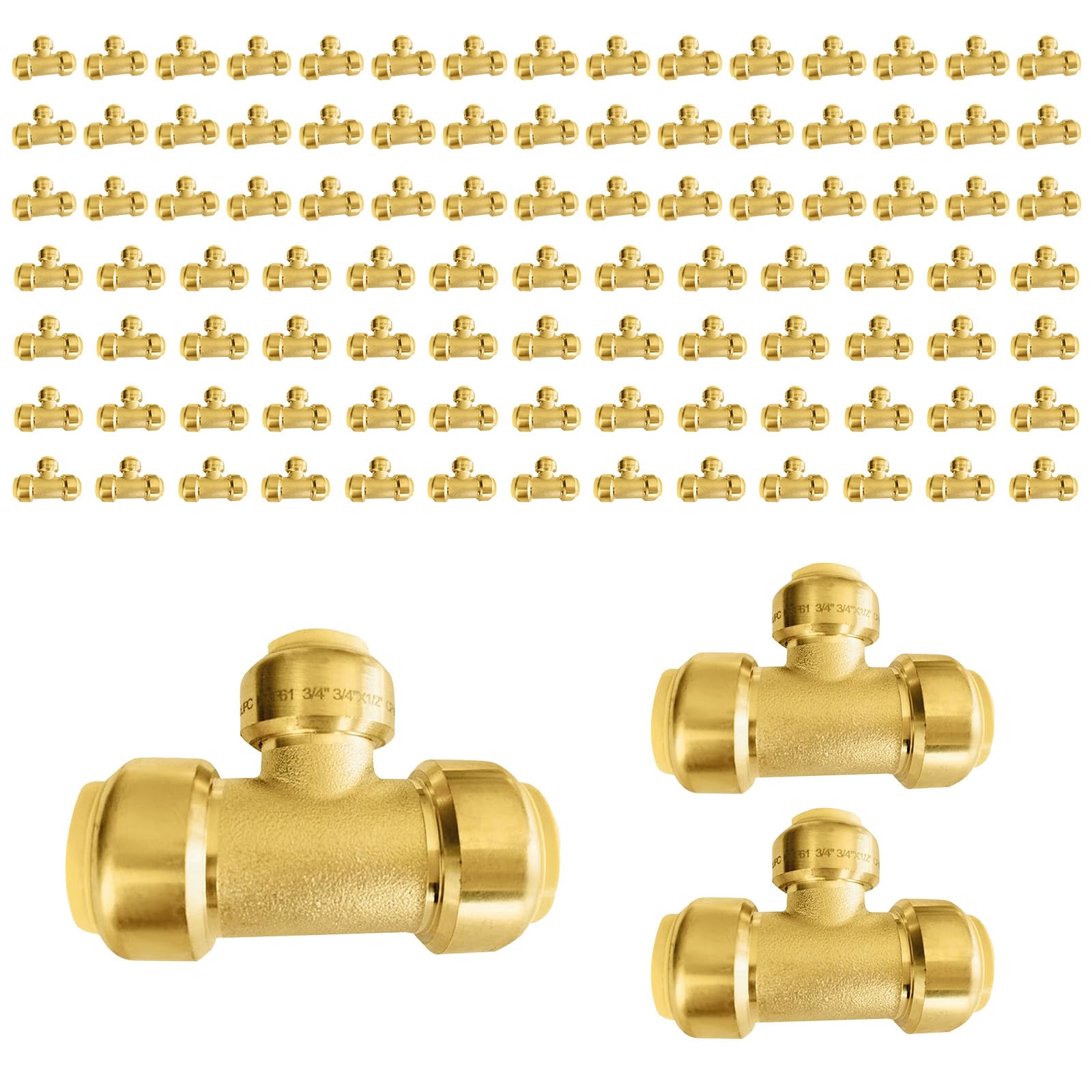 Lot de 100 tés Foskan 3/4" x 3/4" x 1/2", raccords en Laiton LF, Connexion Rapide pour tuyaux PEX, cuivre, C et PE-RT, avec Clip de déconnexion pour réparations de plomberie
